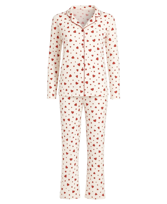 Pyjama Damen – Langarm-Schlafanzug mit Herz-Design, Knopfleiste & Kragen