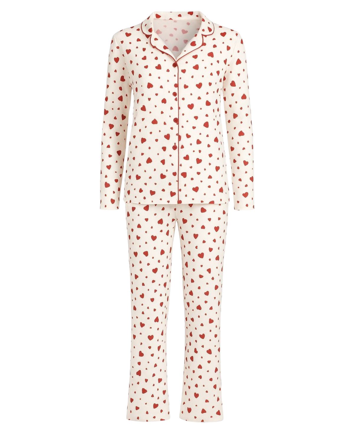 Pyjama Damen – Langarm-Schlafanzug mit Herz-Design, Knopfleiste & Kragen