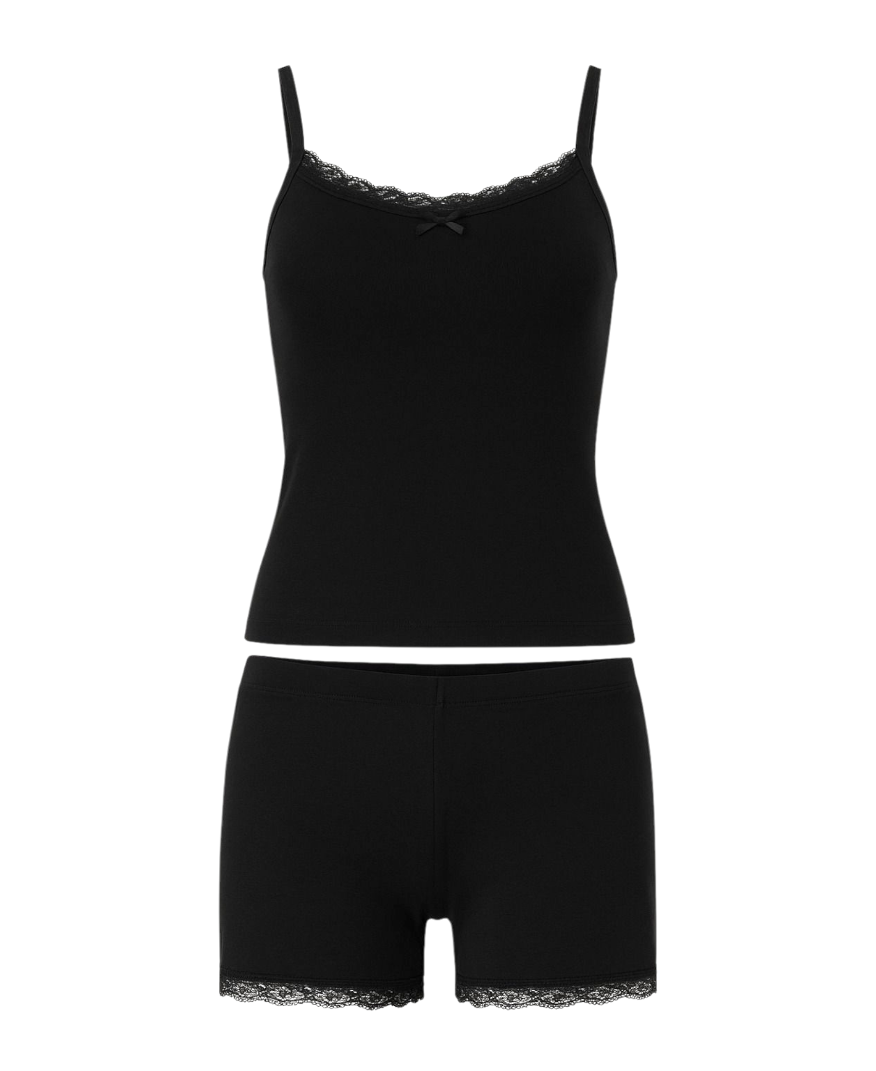 Pyjama Damen Hausanzug – Schlafanzug mit Shorts & Top, schwarz mit Spitze