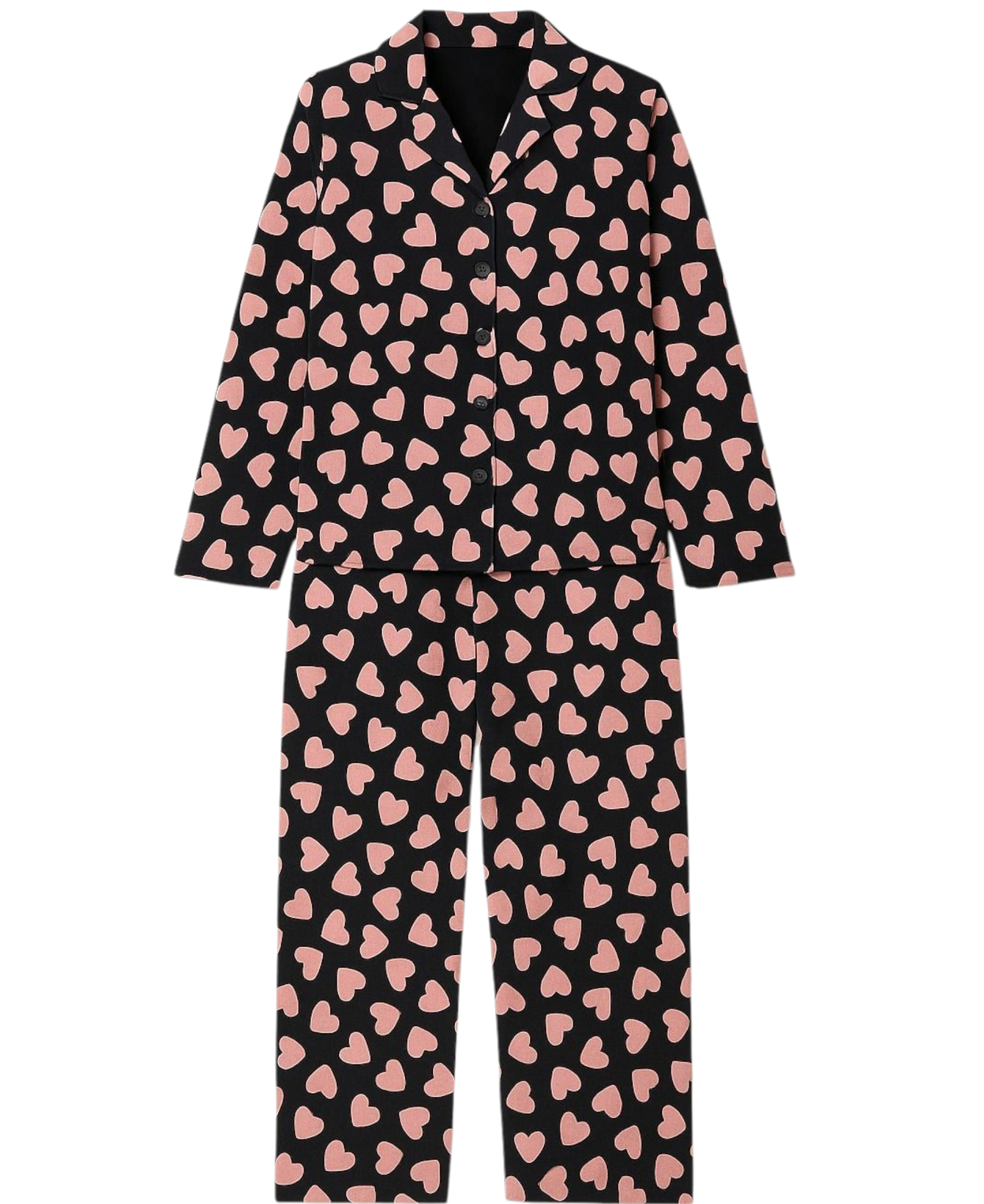 Pyjama Set Damen Schlafanzug Schwarz mit Rosa Herzen Baumwollmix