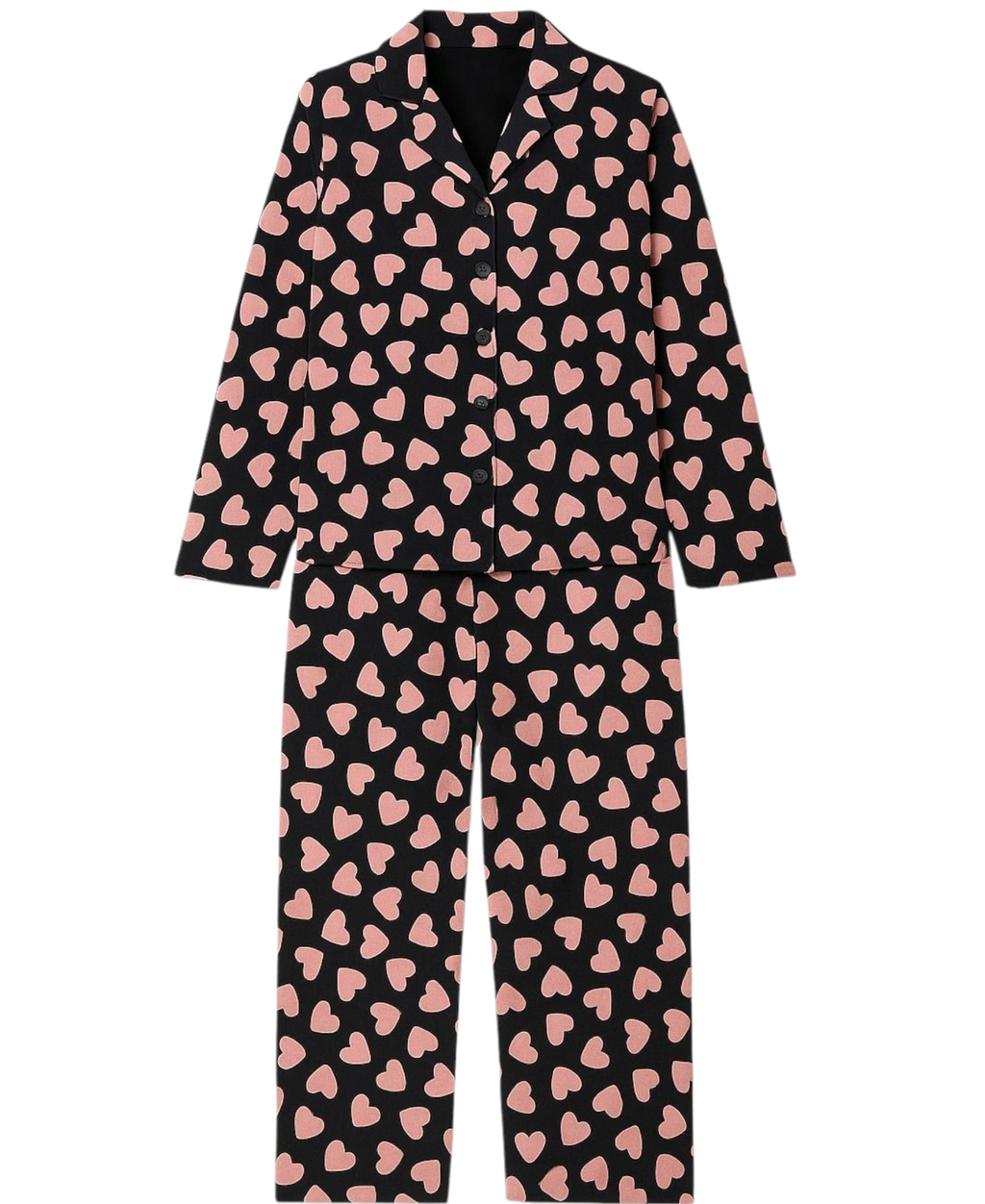 Pyjama Set Damen Schlafanzug Schwarz mit Rosa Herzen Baumwollmix