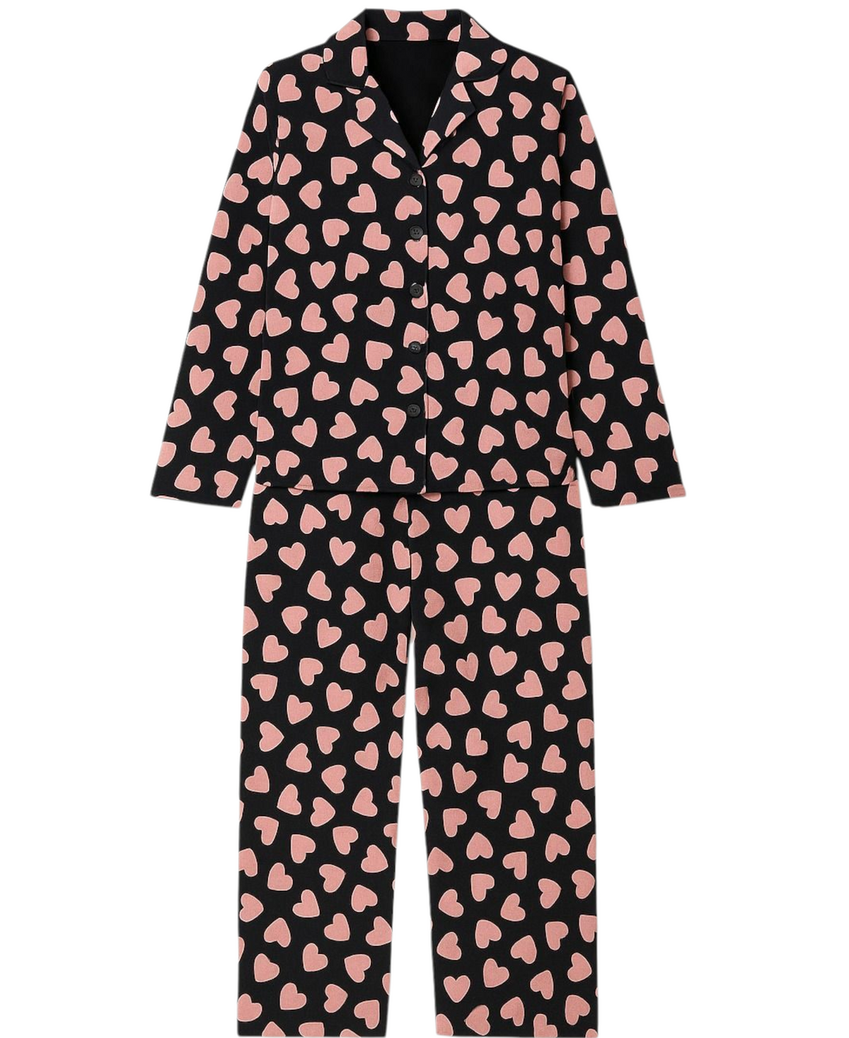 Pyjama Set Damen Schlafanzug Schwarz mit Rosa Herzen Baumwollmix