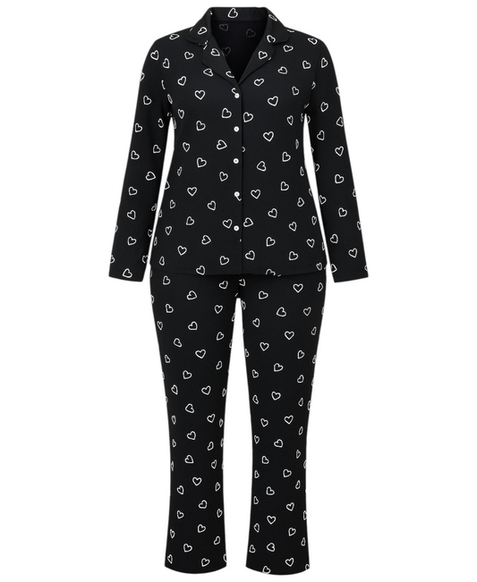 Damen – Langarm Schlafanzug schwarz mit Herzmuster, Knopfleiste, weich