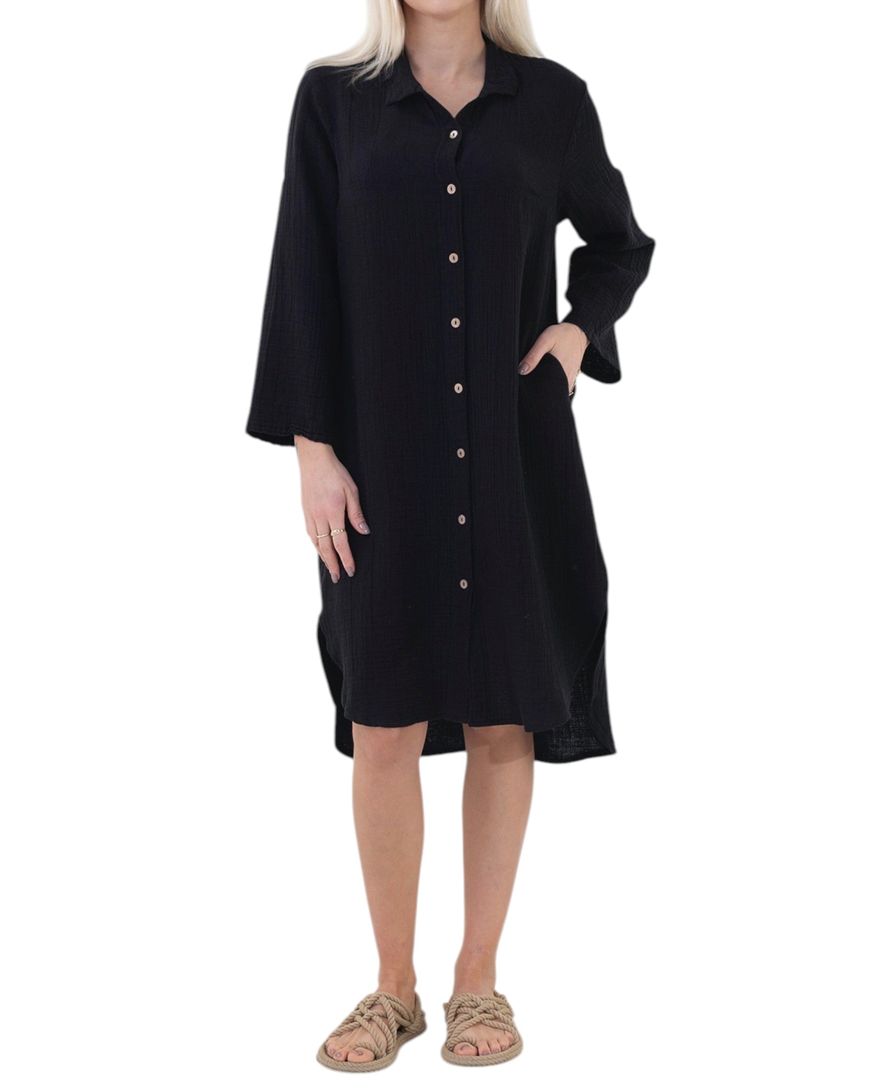 Hemdblusenkleid Musselin Knopfleiste, Einheitsgröße (34–42) 100% Baumwolle