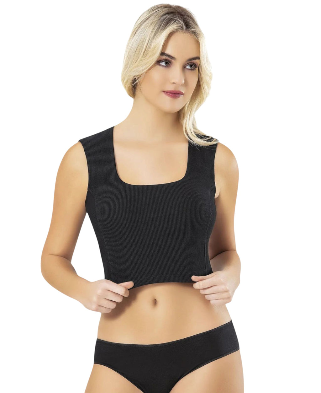 Crop-Top Damen Ripp-Top aus Baumwolle mit Karree-Ausschnitt, figurbetont