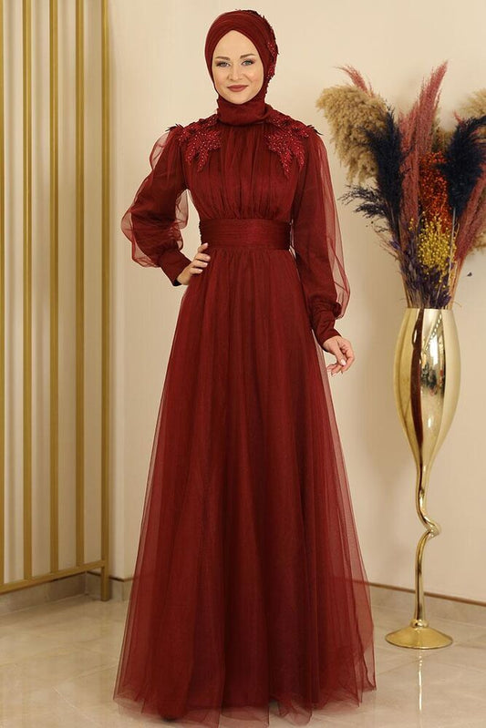Tüllkleid Abendkleid mit Blumen Guipure-Details Abiye Abaya - Modest Fashion