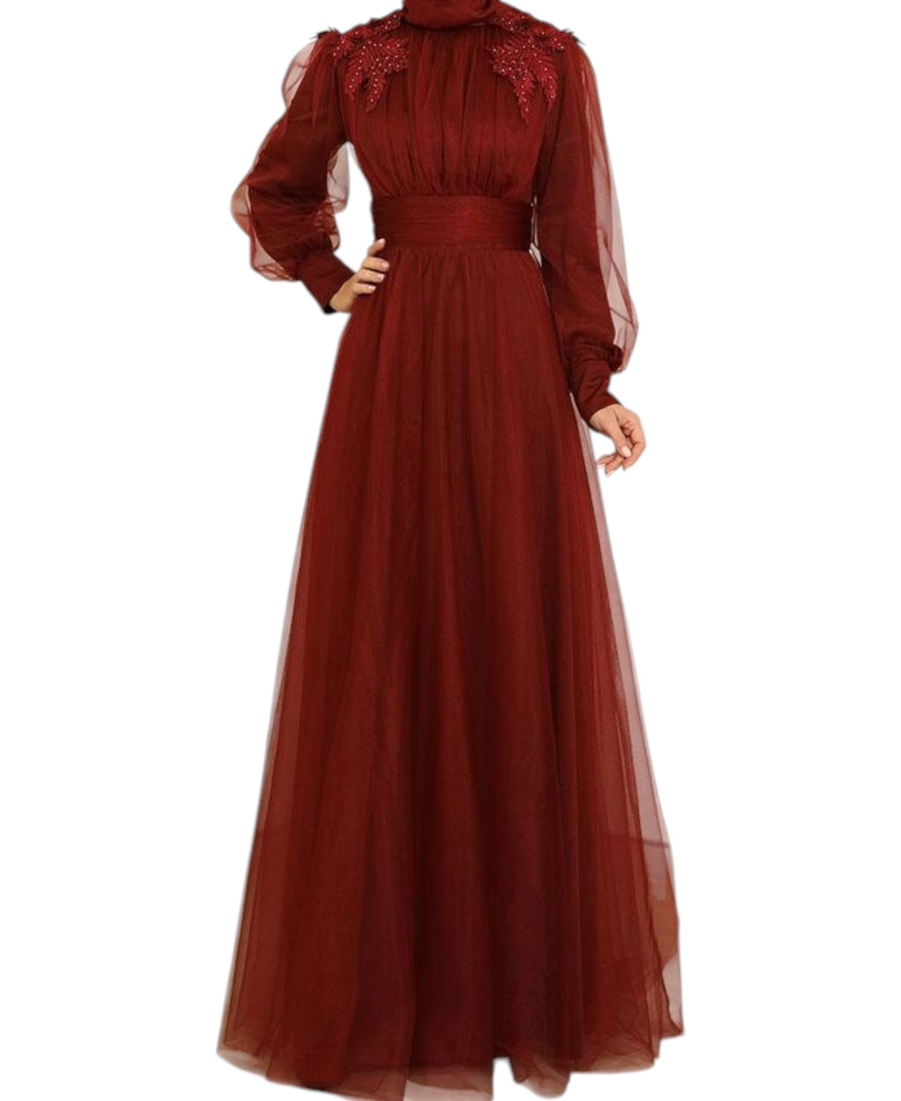 Tüllkleid Abendkleid mit Blumen Guipure-Details Abiye Abaya - Modest Fashion