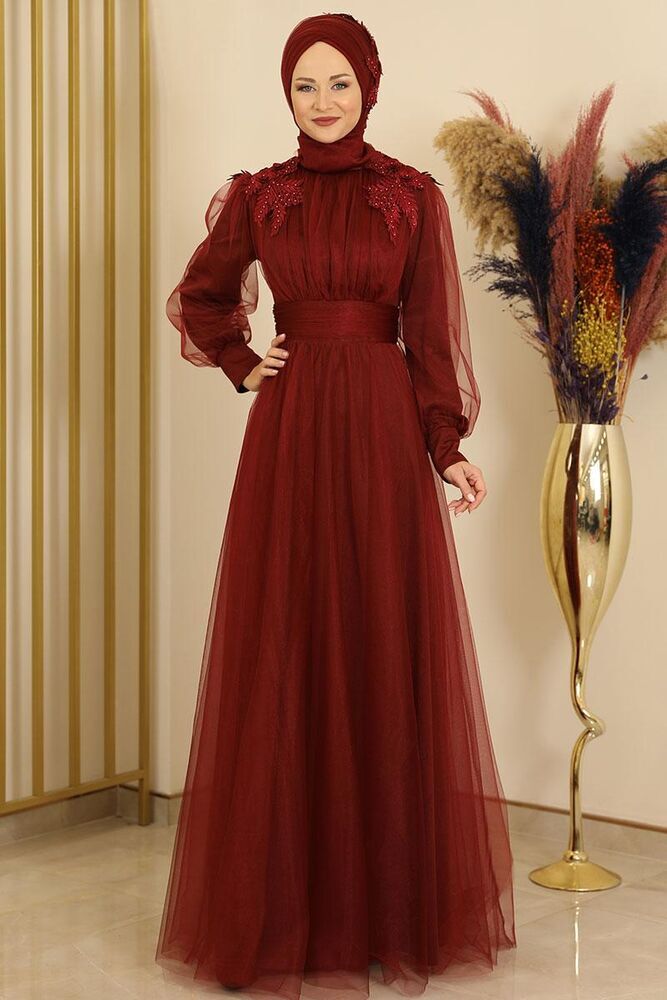 Tüllkleid Abendkleid mit Blumen Guipure-Details Abiye Abaya - Modest Fashion