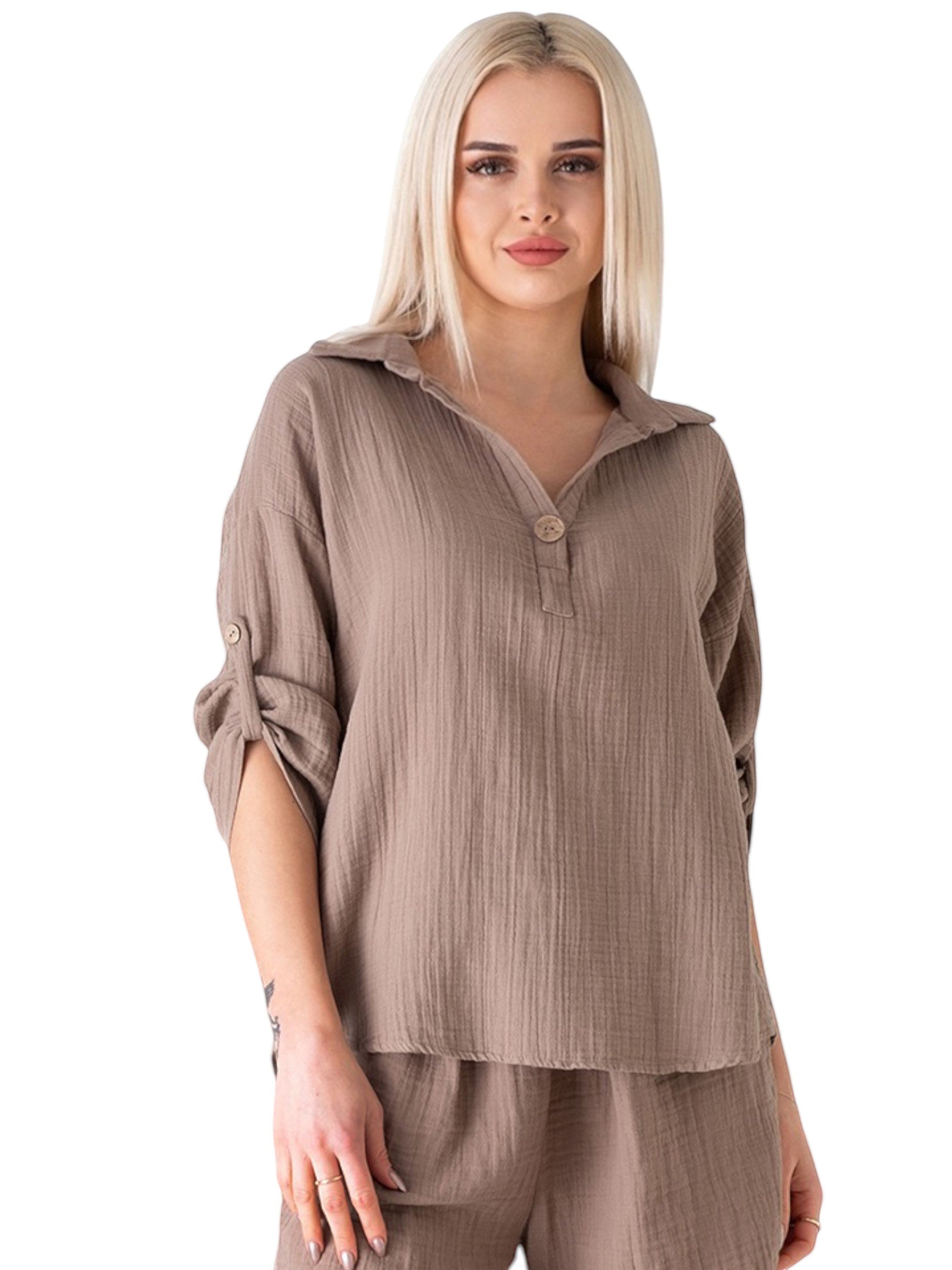 ModaVitrini Damen Schlupfbluse aus 100% Baumwoll-Musselin in Braun, Oversize-Schnitt mit Kokosknopf und hochkrempelbaren Ärmeln.