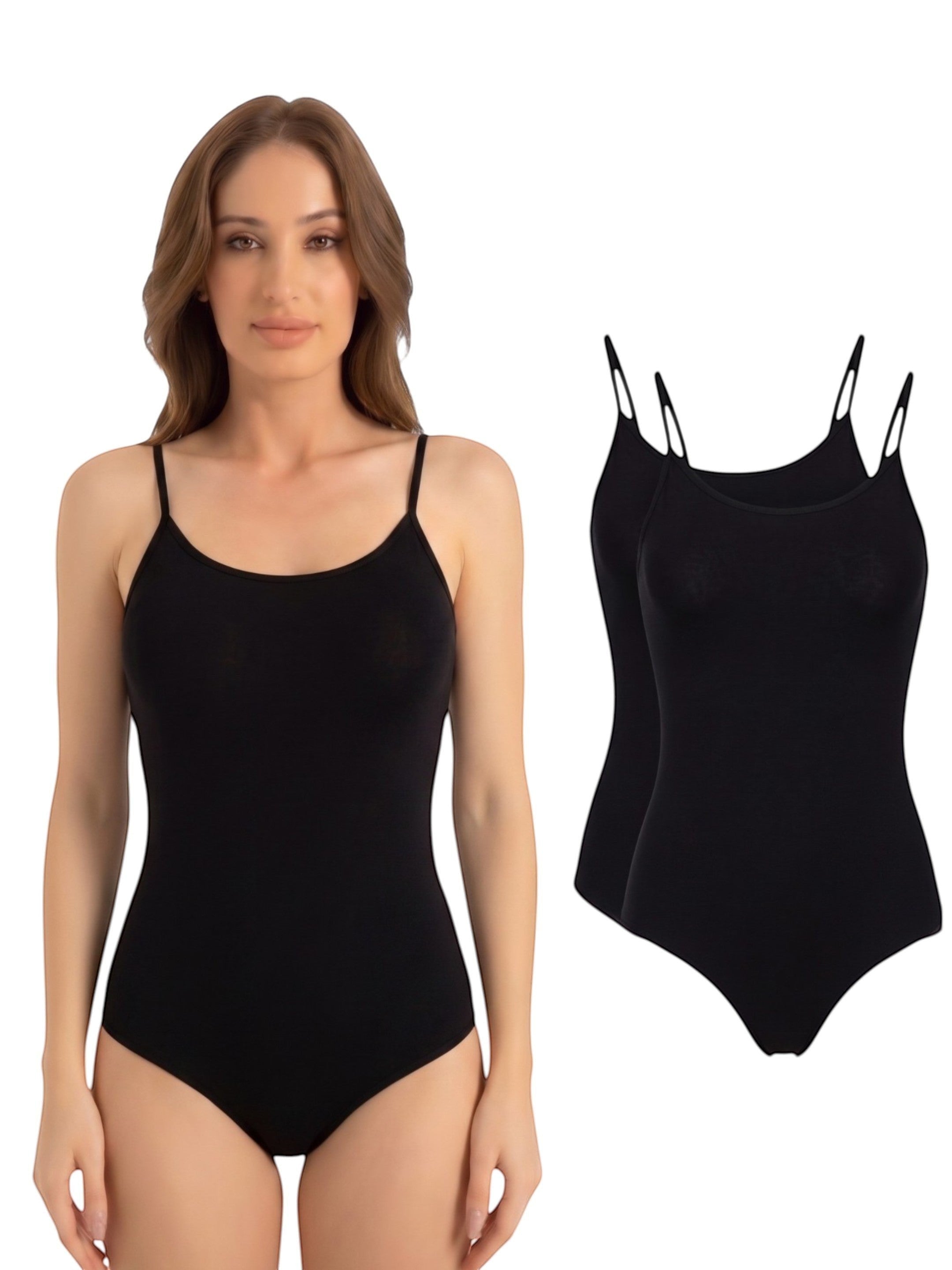ModaVitrini 2er-Pack schwarze Damen Bodys mit Spaghettiträgern und quadratischem Ausschnitt, Rippstrick