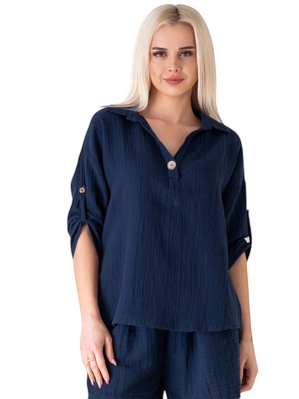 ModaVitrini dunkelblaue Musselin-Bluse aus 100% Baumwolle mit Kokosknopf und hochkrempelbaren Ärmeln