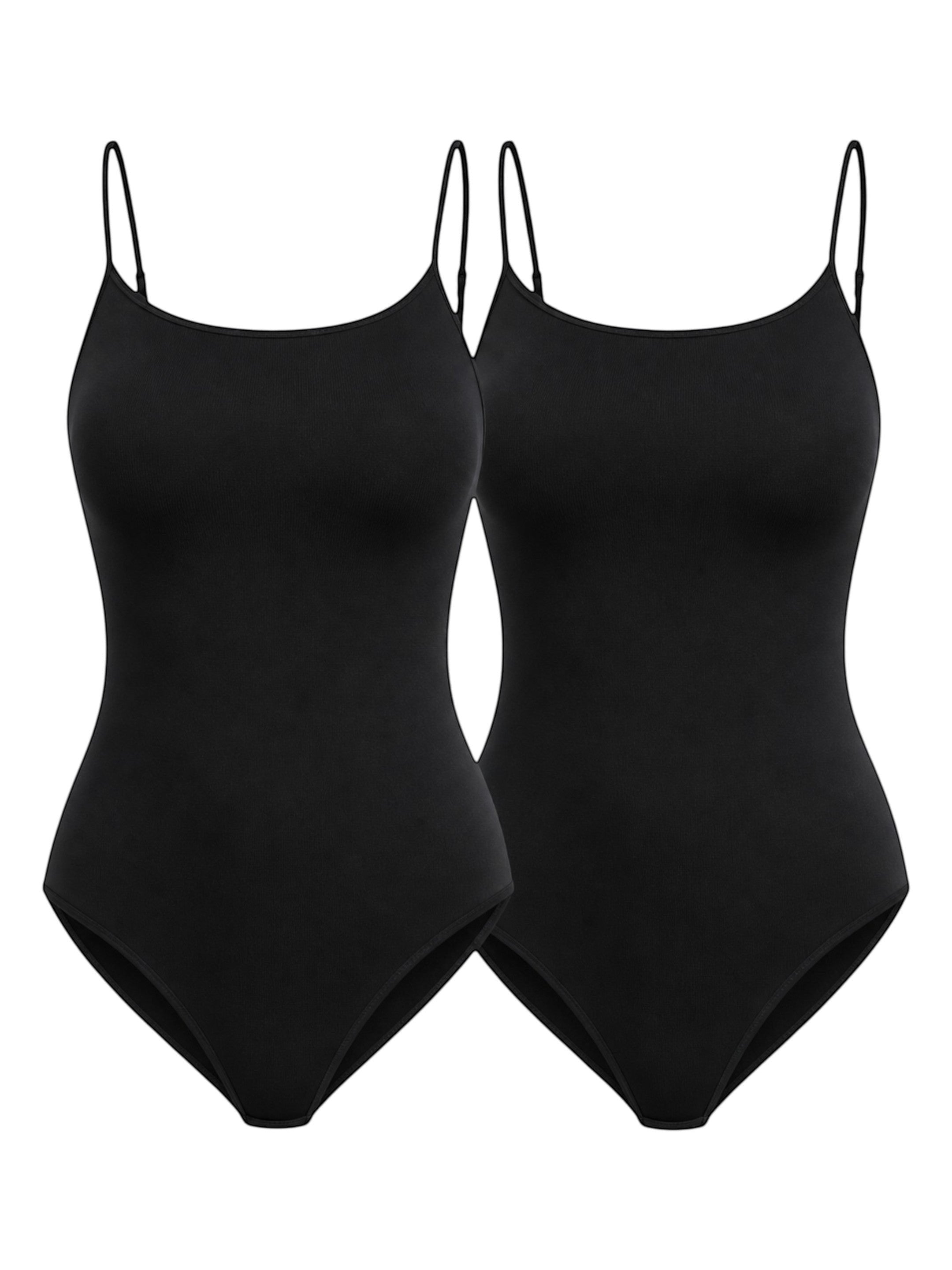 ModaVitrini Zweierpack schwarze Damen Bodys mit Spaghettiträgern und quadratischem Ausschnitt, Rippstrick