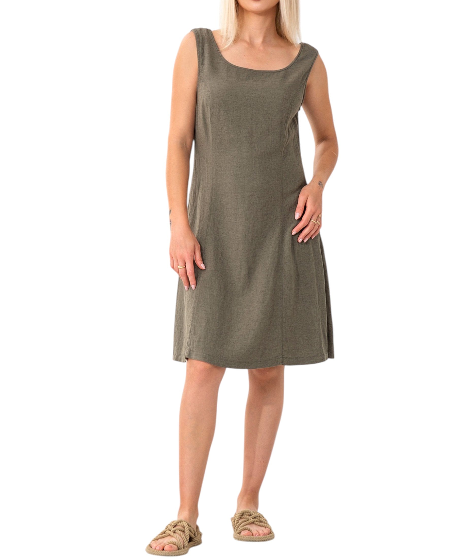 Sommerkleid mit Bindegürtel hinten Leinenmix Strandkleid ärmellos knielang