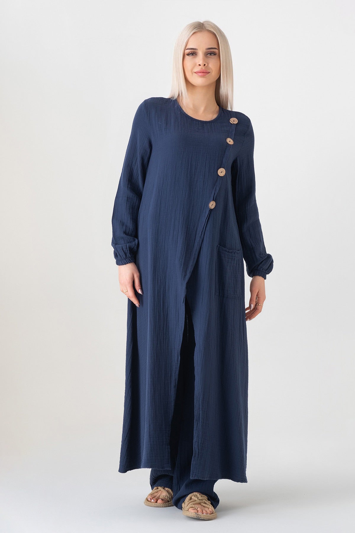 Longtunika – Sommer Musselin mit Frontschlitz, Knopfdetail, 100 % Baumwolle, 130 cm