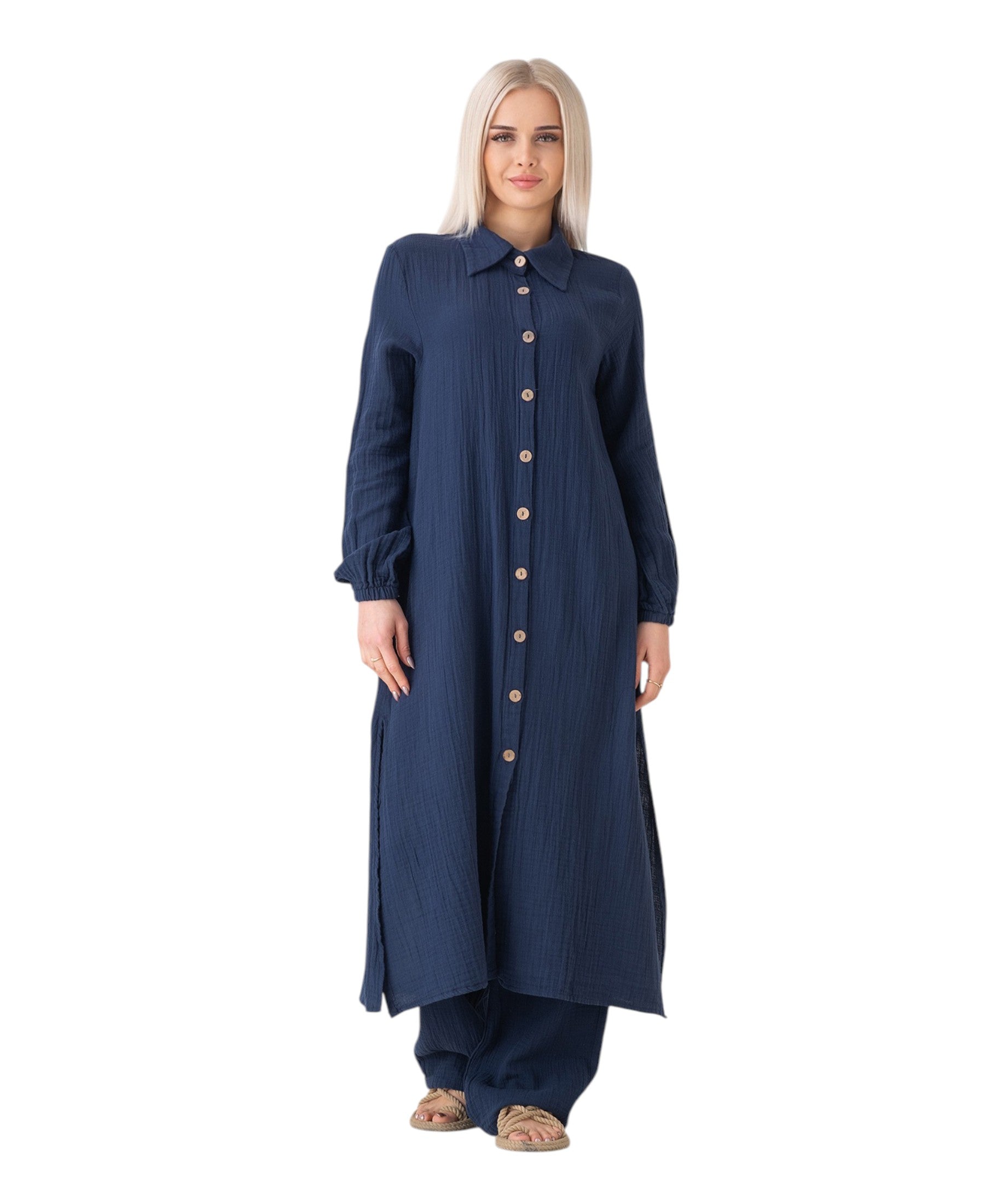 Longtunika Musselin 130cm lang Kokosknopf  100% Baumwolle Modest Look 36-50