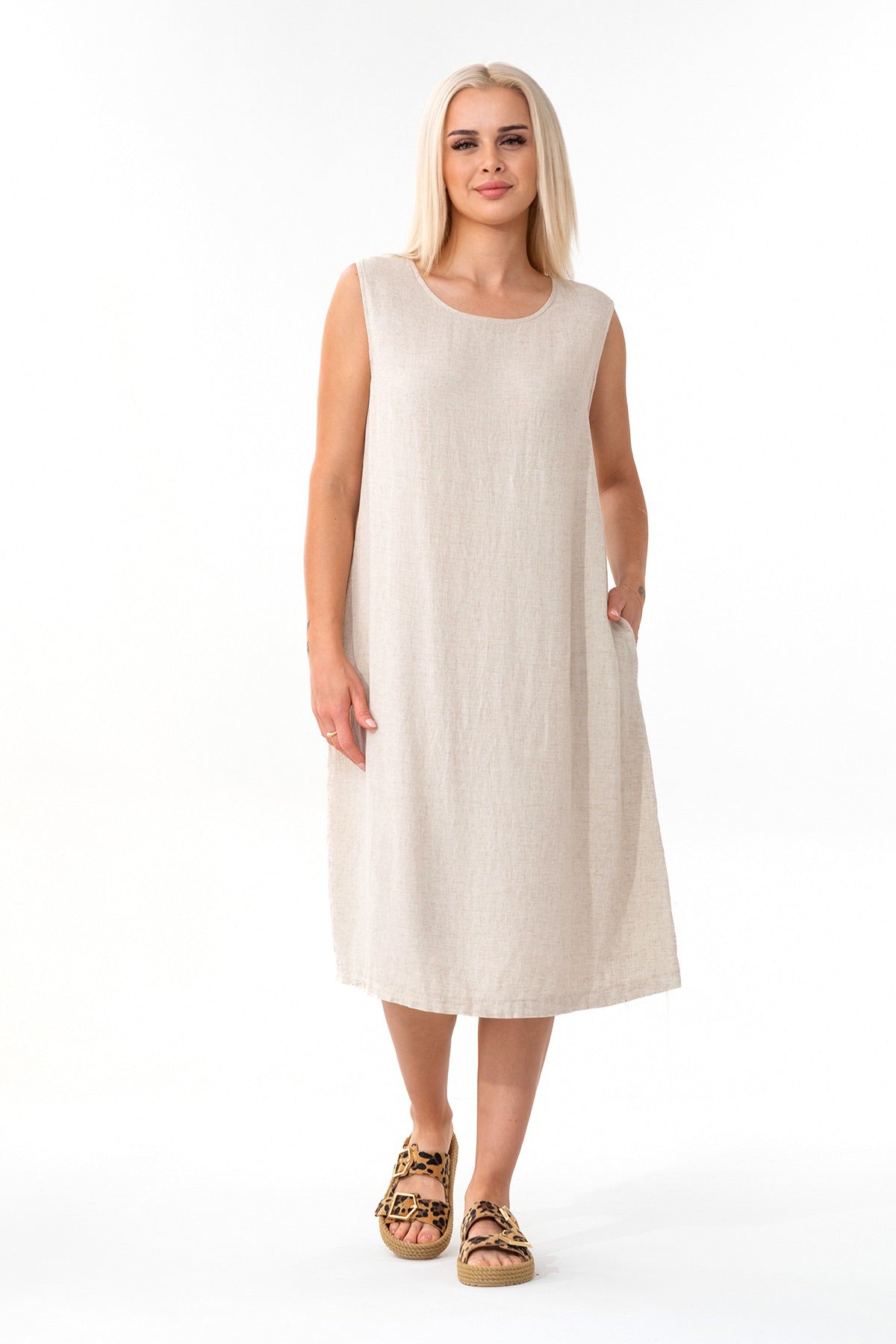 Sommerkleid  aus Leinenmix mit Taschen, Strandkleid ärmellos, locker geschnitten