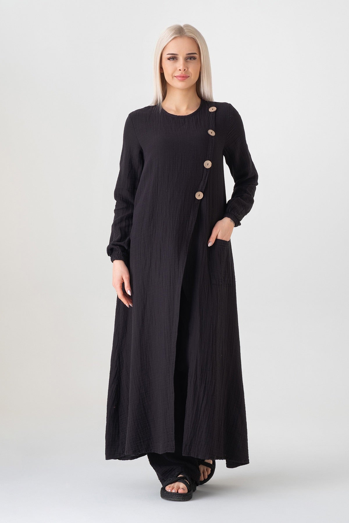 Longtunika – Sommer Musselin mit Frontschlitz, Knopfdetail, 100 % Baumwolle, 130 cm