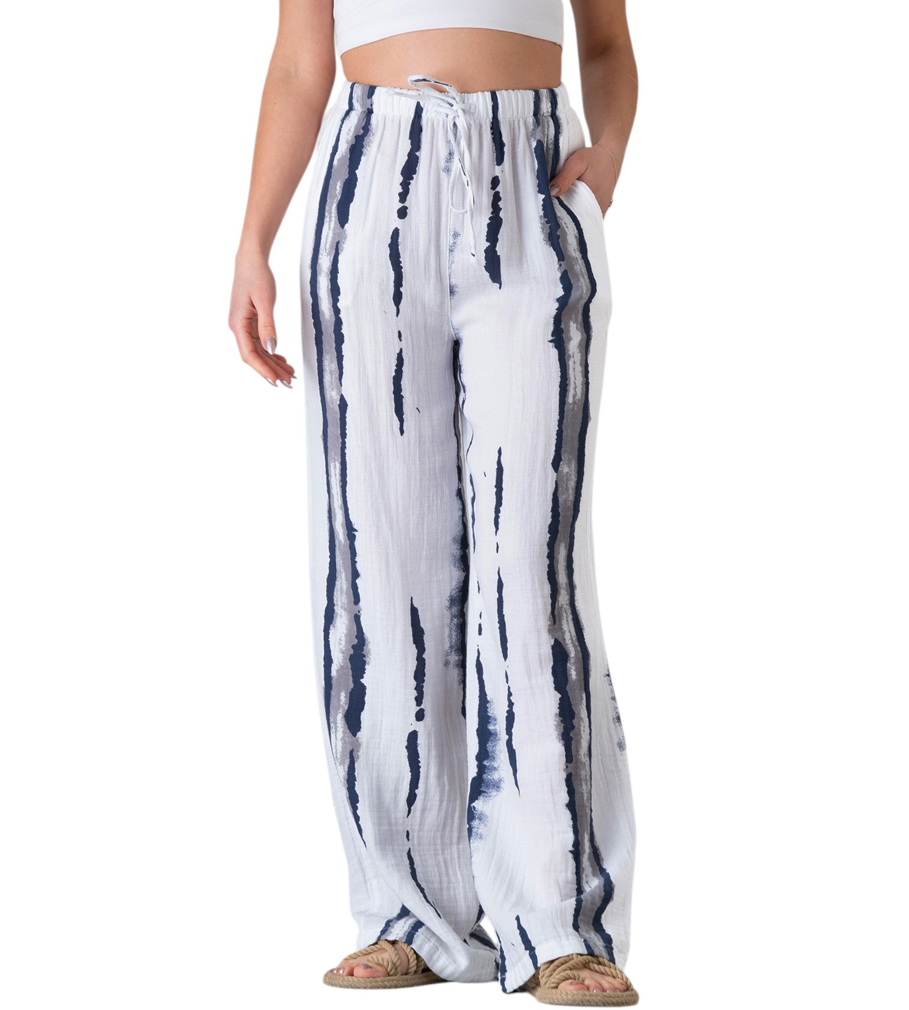 Palazzohose – Musselin, Batik-Druck, 100 % Baumwolle, elastisch, Petrolblau oder Grau