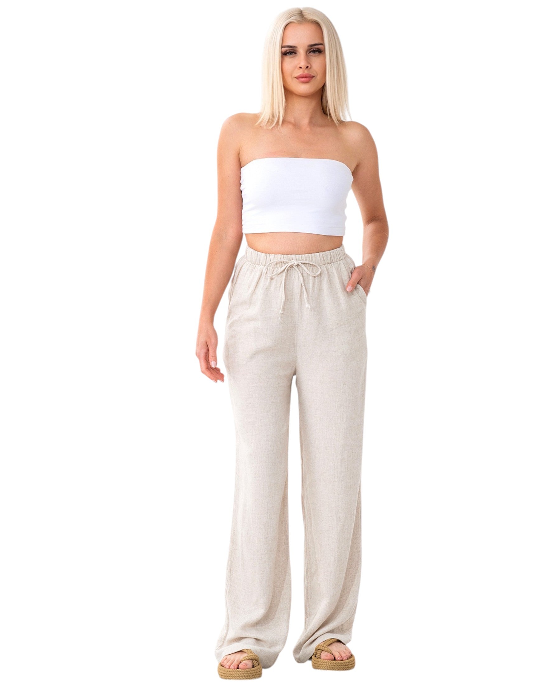 Leinenhose Damen mit Kordelzug, Stoffhose aus hochwertigem Leinenmix