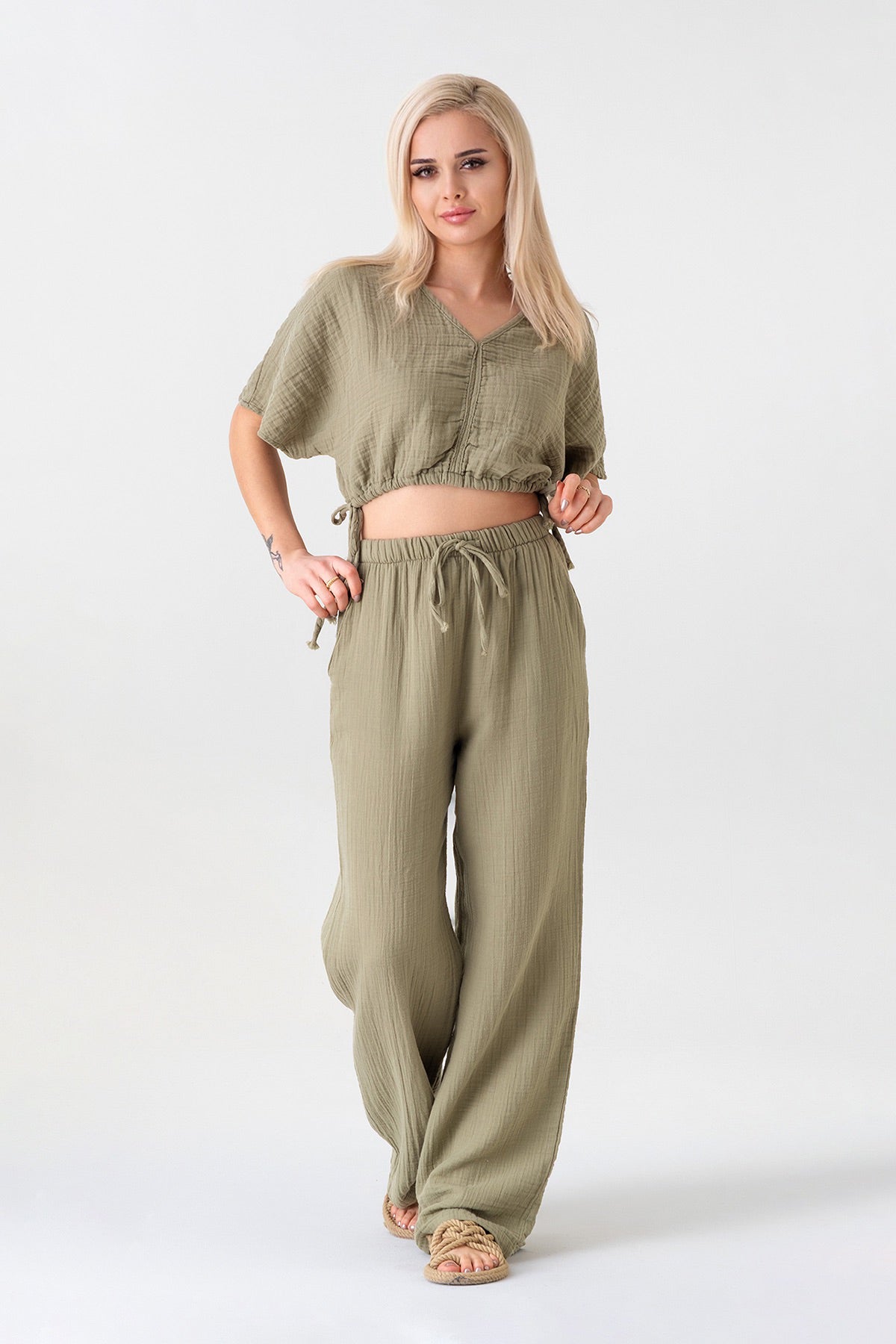 Palazzohose MusselinDamen Sommerhose 100 % Baumwolle, elastischer Bund