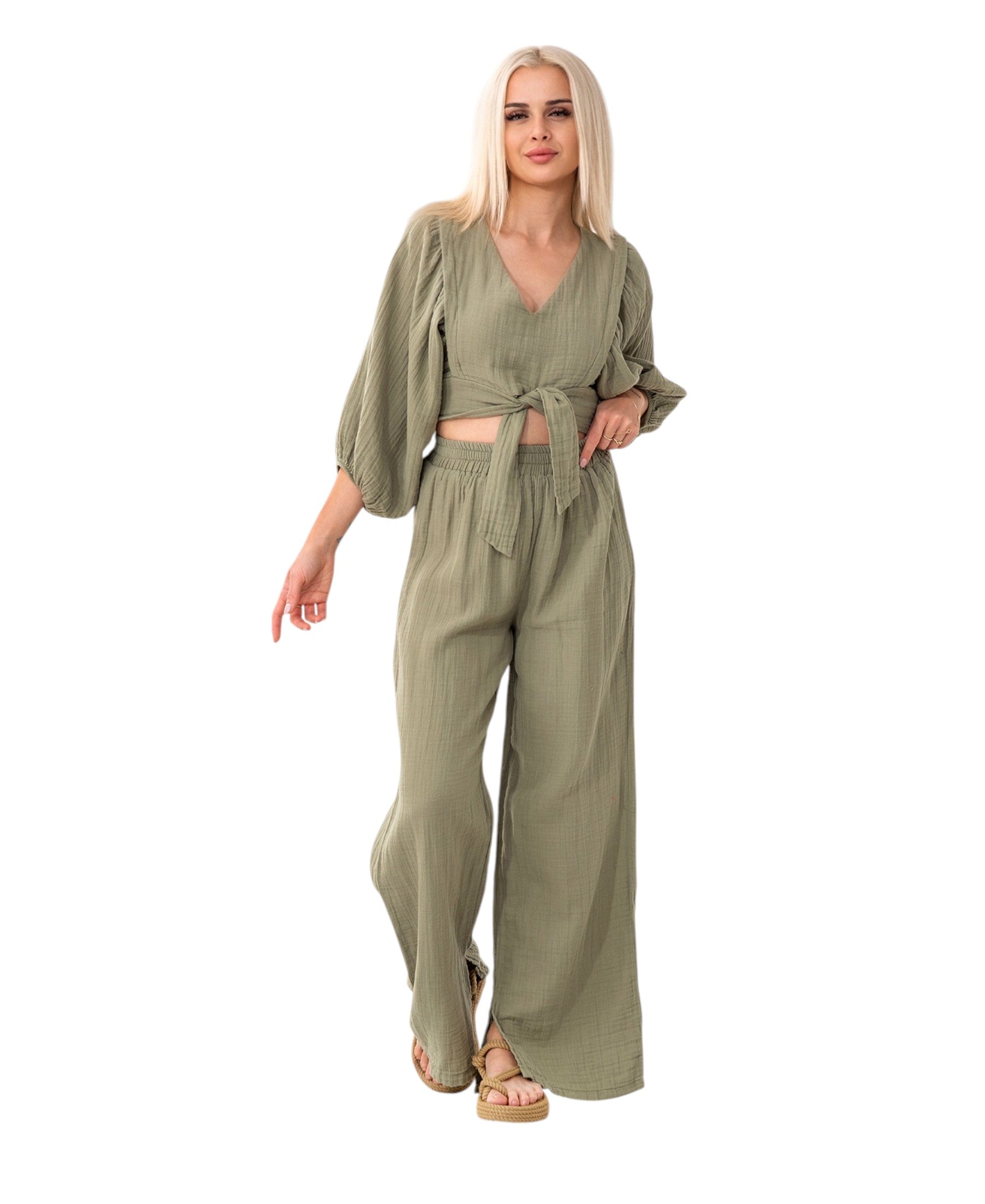 Crop-Top Set Damen Musselin-Zweiteiler mit Hose, Wickel-Top & V-Ausschnitt