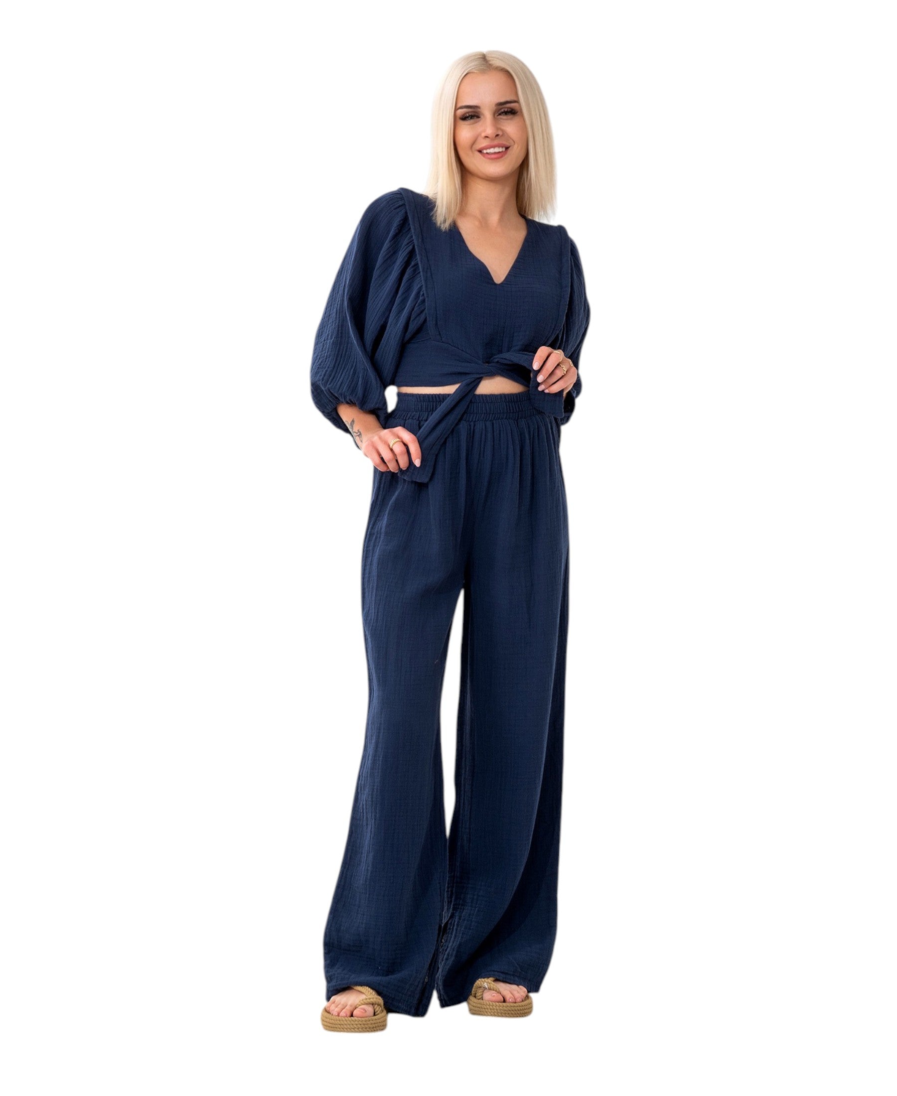 Crop-Top Set Damen Musselin-Zweiteiler mit Hose, Wickel-Top & V-Ausschnitt