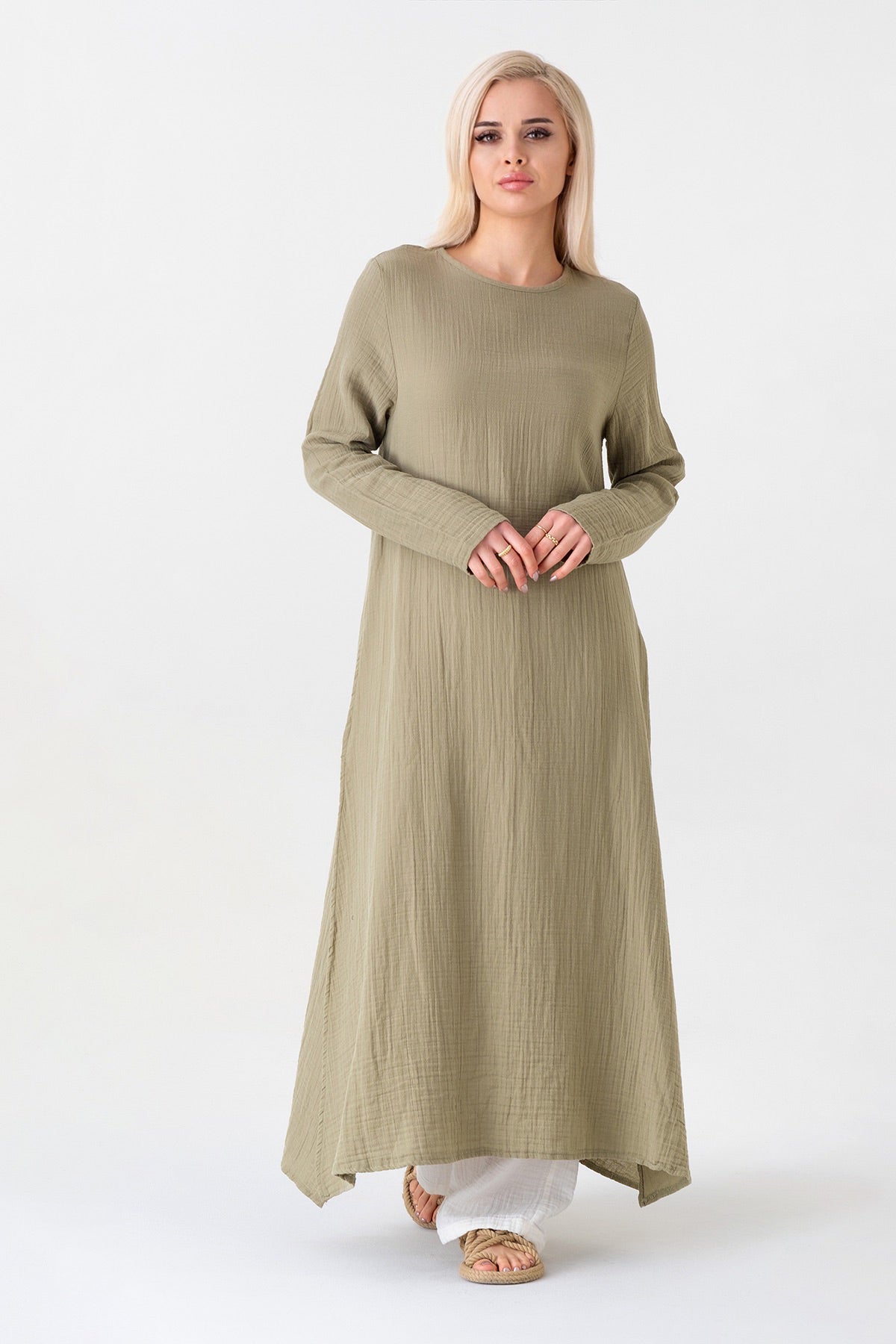 Longtunika Musselin 100 % Baumwolle 125 cm, Seitenschlitze, Modest Fashion 34–50