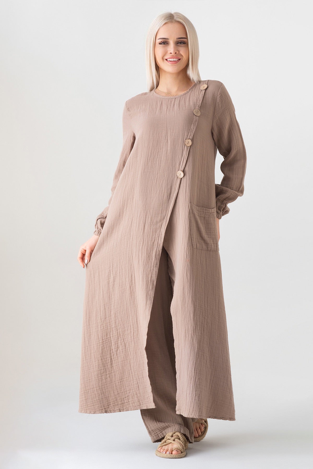 Longtunika – Sommer Musselin mit Frontschlitz, Knopfdetail, 100 % Baumwolle, 130 cm