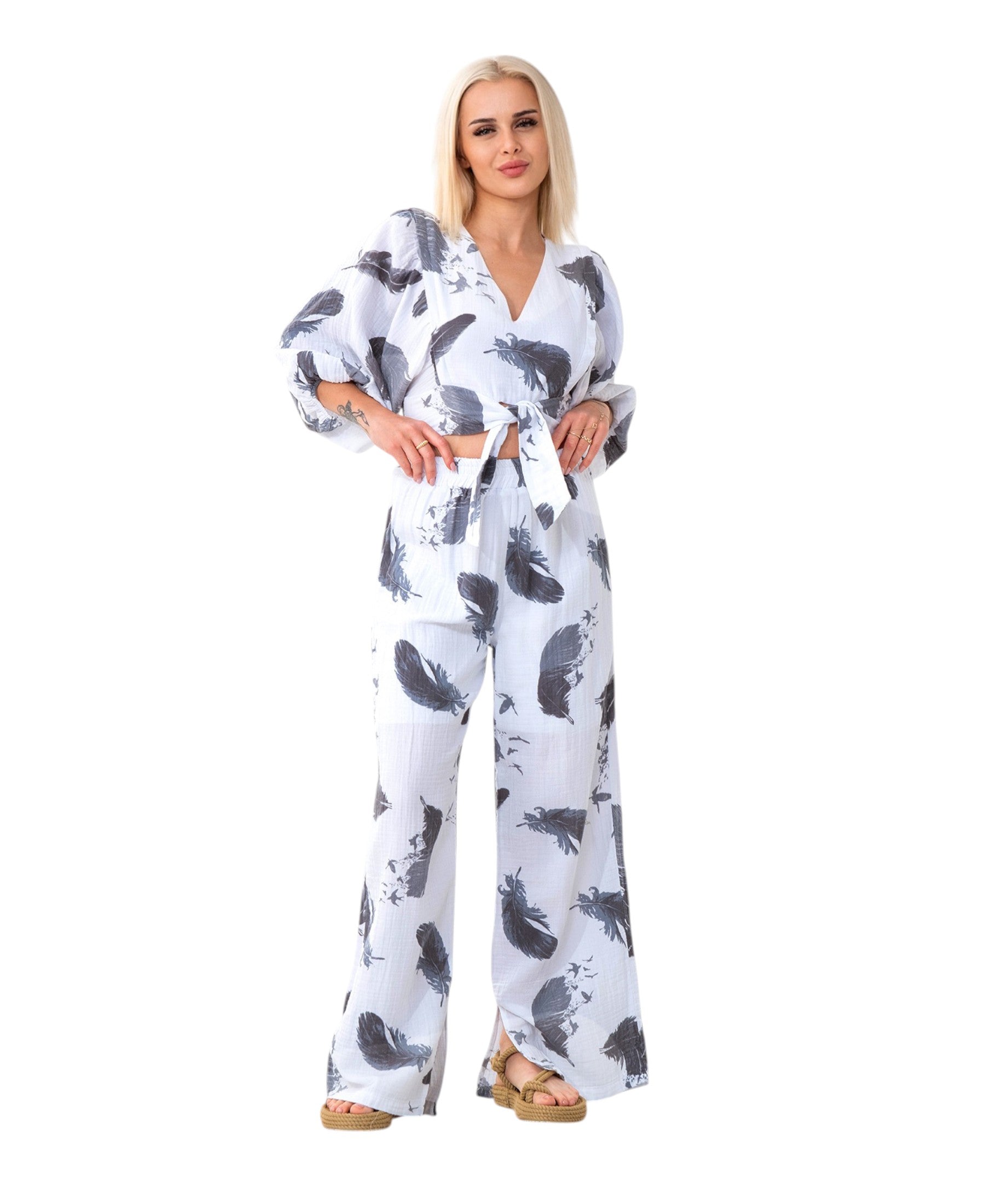 Crop-Top Set Damen Musselin-Zweiteiler mit Hose, Wickel-Top & V-Ausschnitt