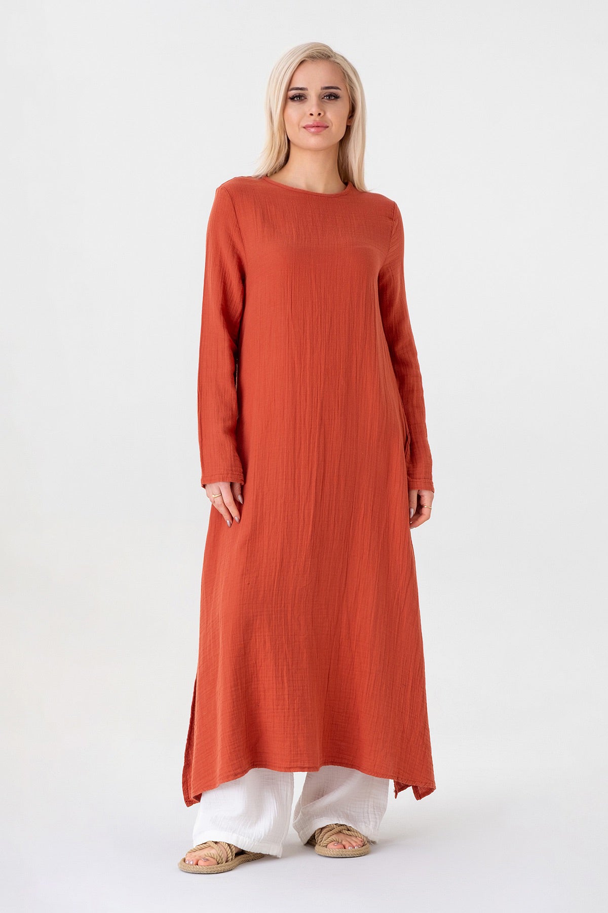 Longtunika Musselin 100 % Baumwolle 125 cm, Seitenschlitze, Modest Fashion 34–50