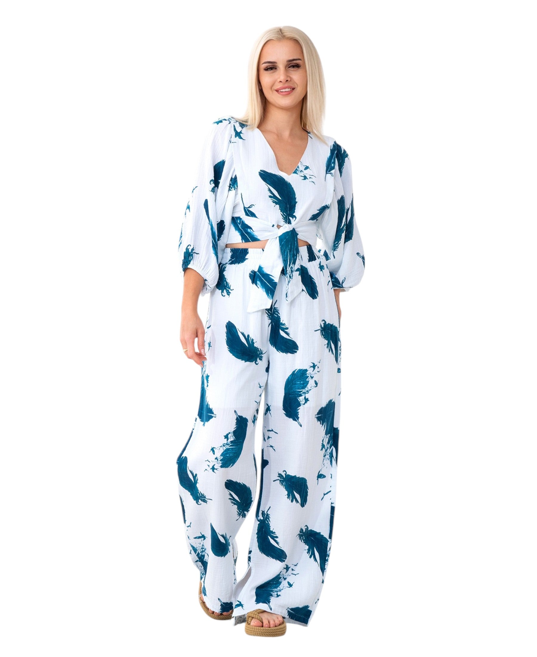 Crop-Top Set Damen Musselin-Zweiteiler mit Hose, Wickel-Top & V-Ausschnitt