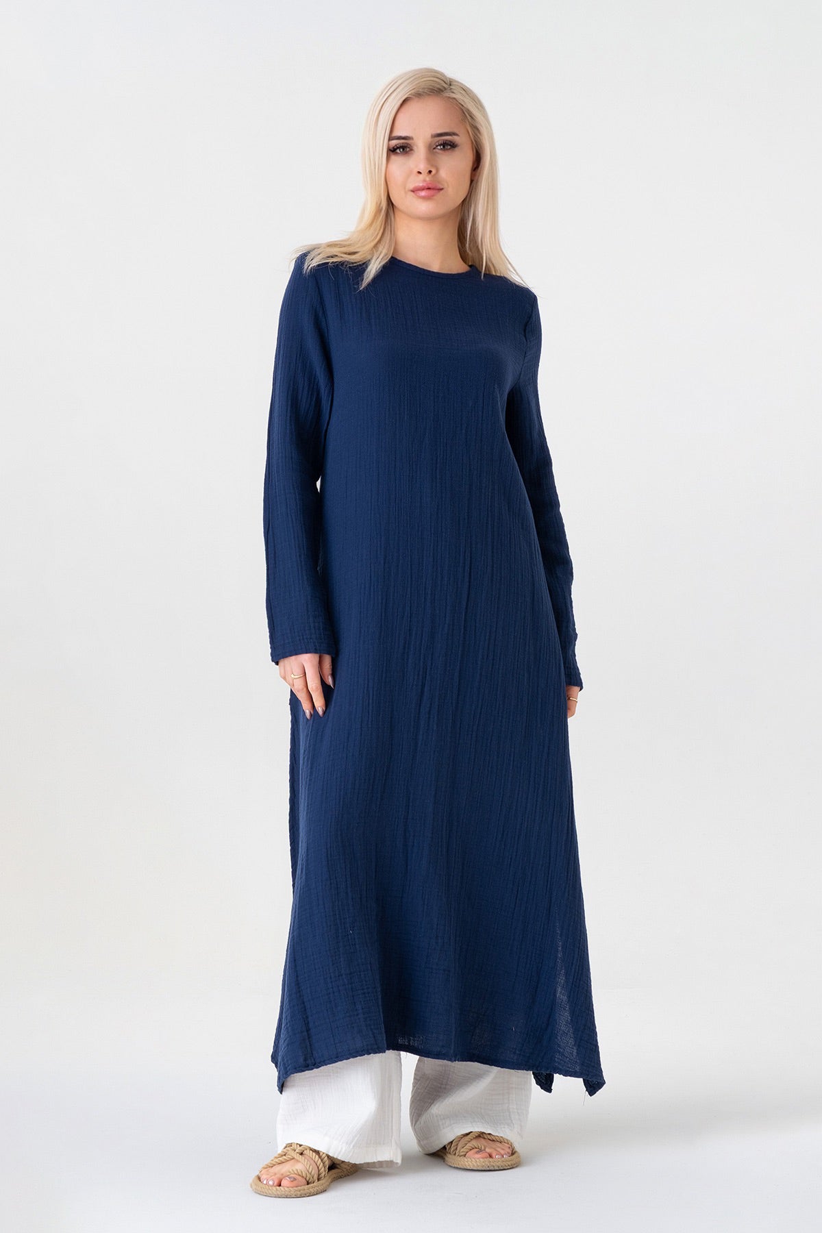 Longtunika Musselin 100 % Baumwolle 125 cm, Seitenschlitze, Modest Fashion 34–50