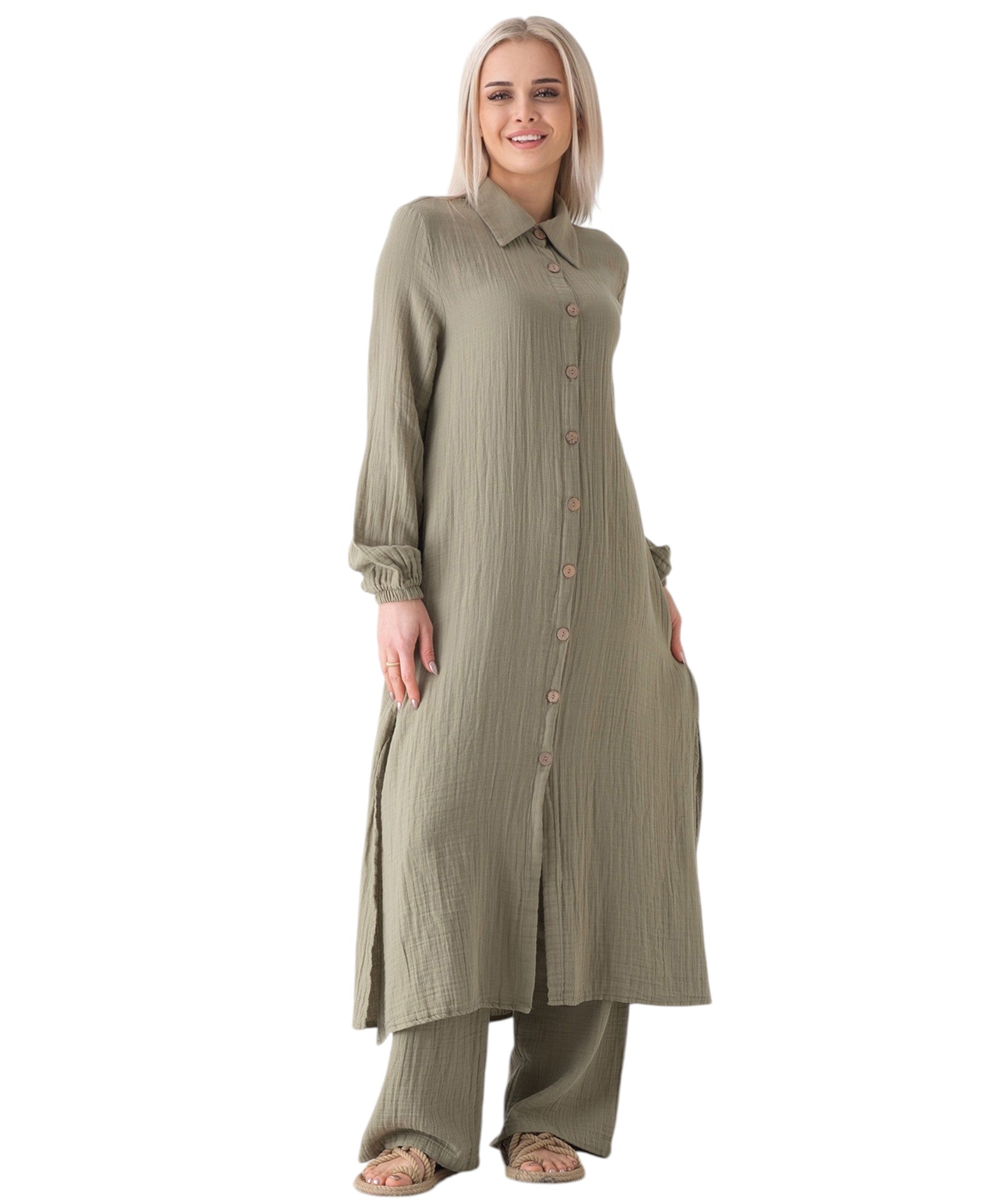 Longtunika Musselin 130cm lang Kokosknopf  100% Baumwolle Modest Look 36-50