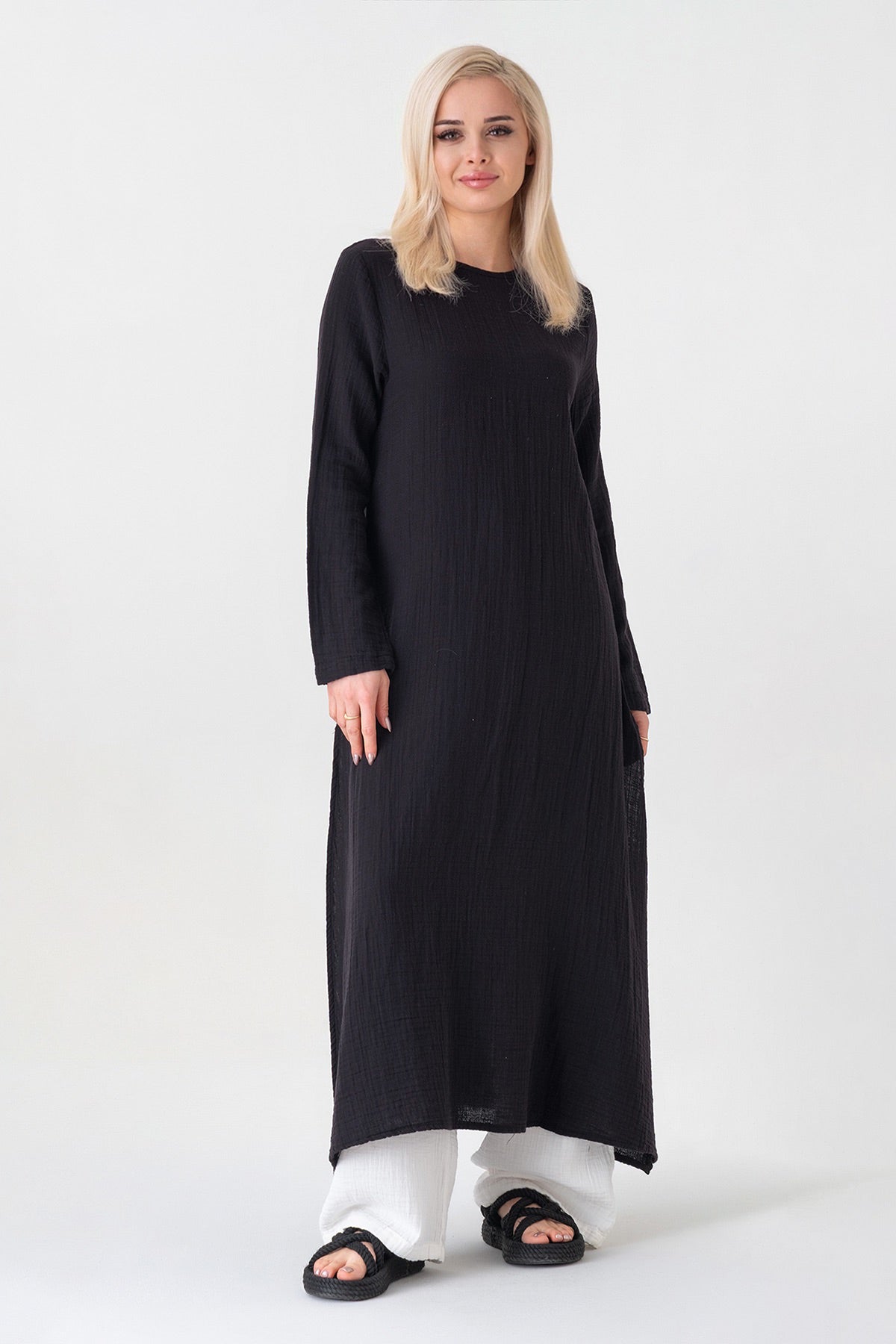 Longtunika Musselin 100 % Baumwolle 125 cm, Seitenschlitze, Modest Fashion 34–50