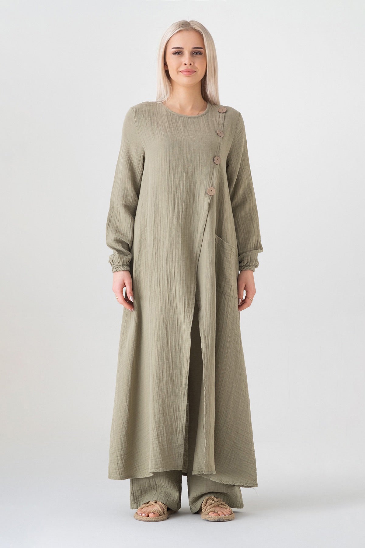 Longtunika – Sommer Musselin mit Frontschlitz, Knopfdetail, 100 % Baumwolle, 130 cm