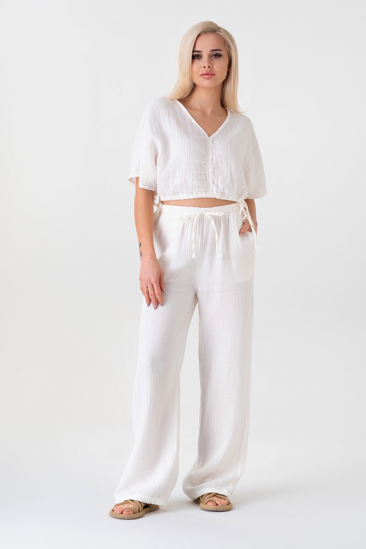 Palazzohose MusselinDamen Sommerhose 100 % Baumwolle, elastischer Bund