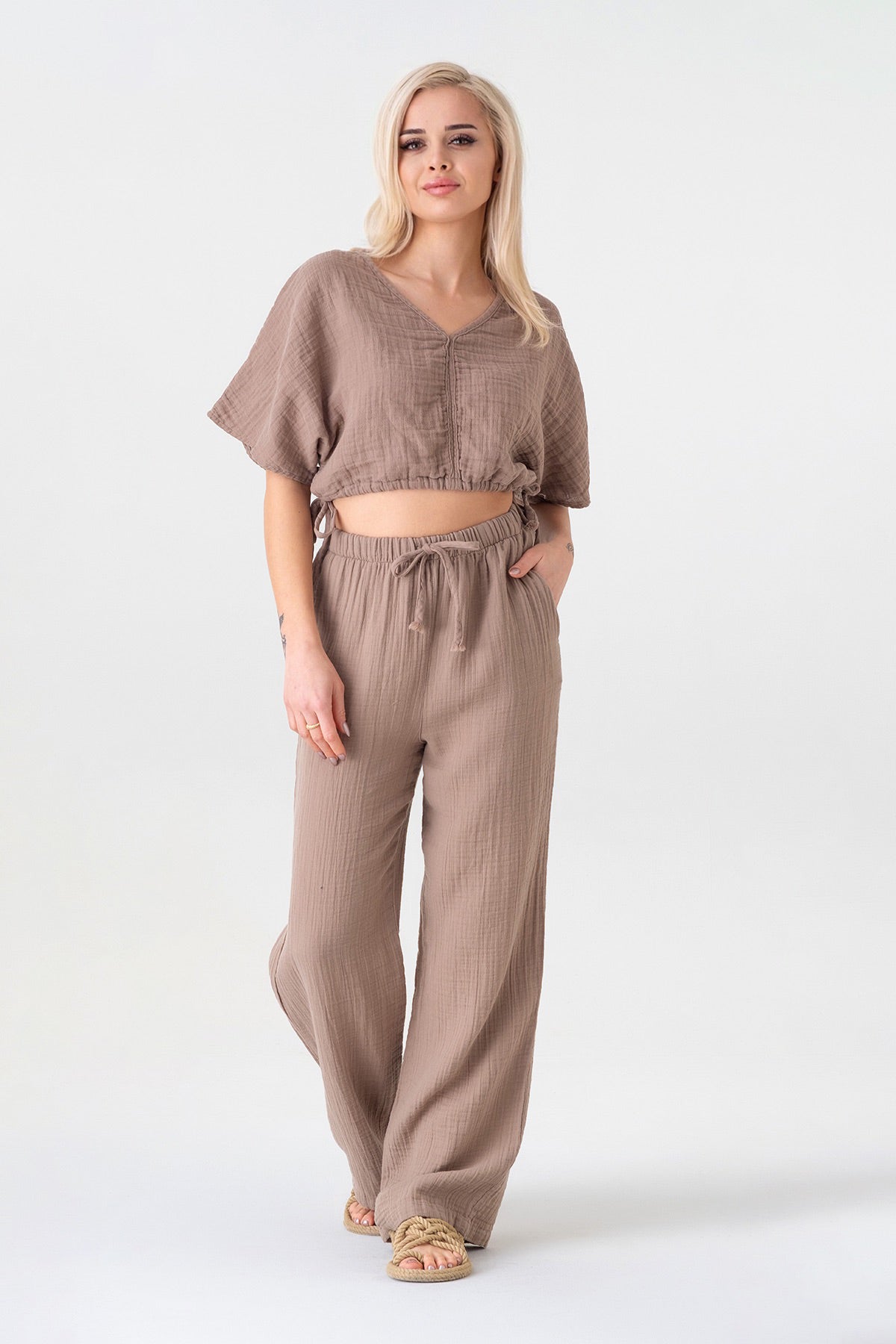 Palazzohose MusselinDamen Sommerhose 100 % Baumwolle, elastischer Bund