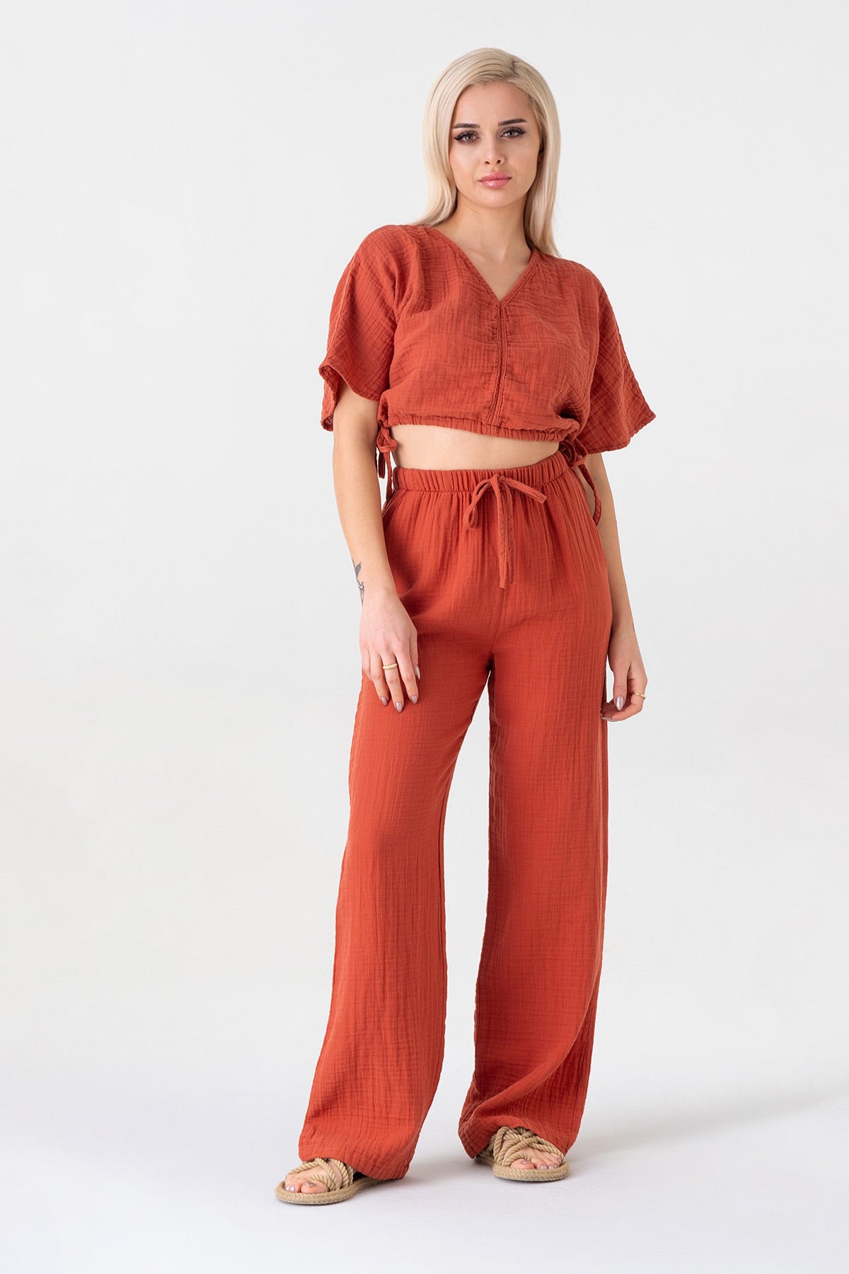 Palazzohose MusselinDamen Sommerhose 100 % Baumwolle, elastischer Bund