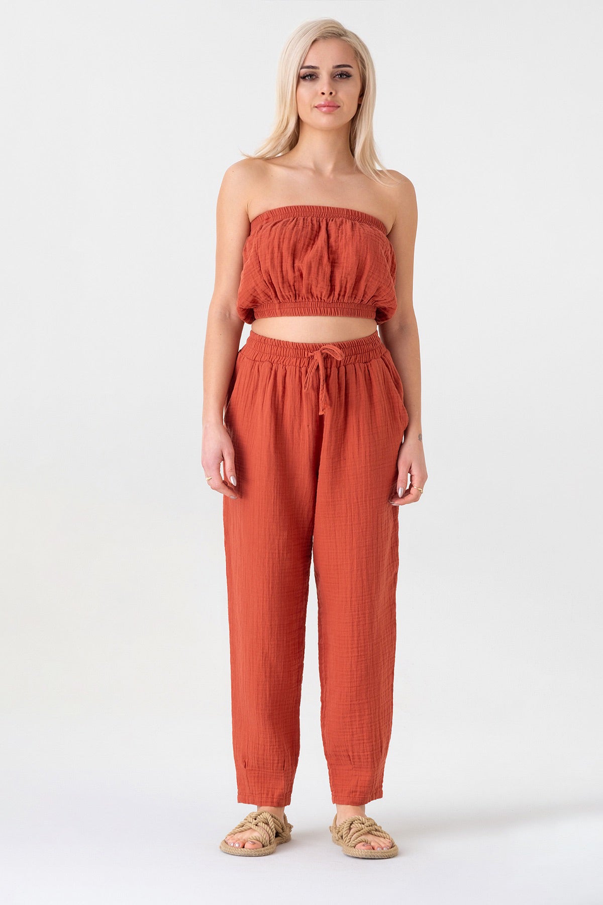 Schlupfhose Musselin Sommerhose, 100 % Baumwolle, elastischer Bund, Knöchellänge terrakotta