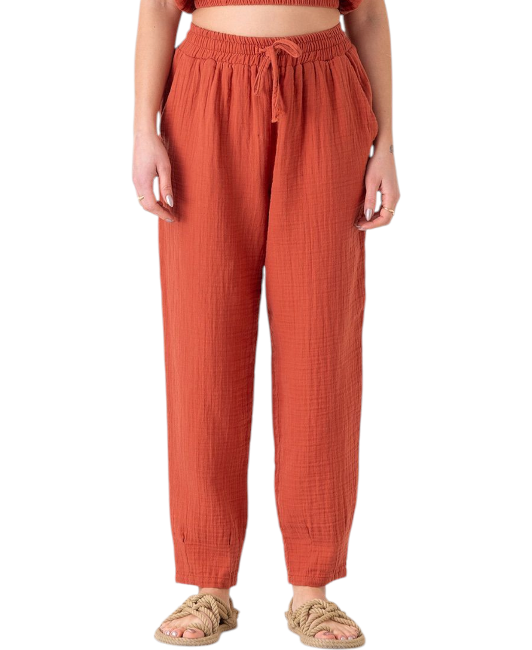 Schlupfhose Musselin Sommerhose, 100 % Baumwolle, elastischer Bund, Knöchellänge terrakotta