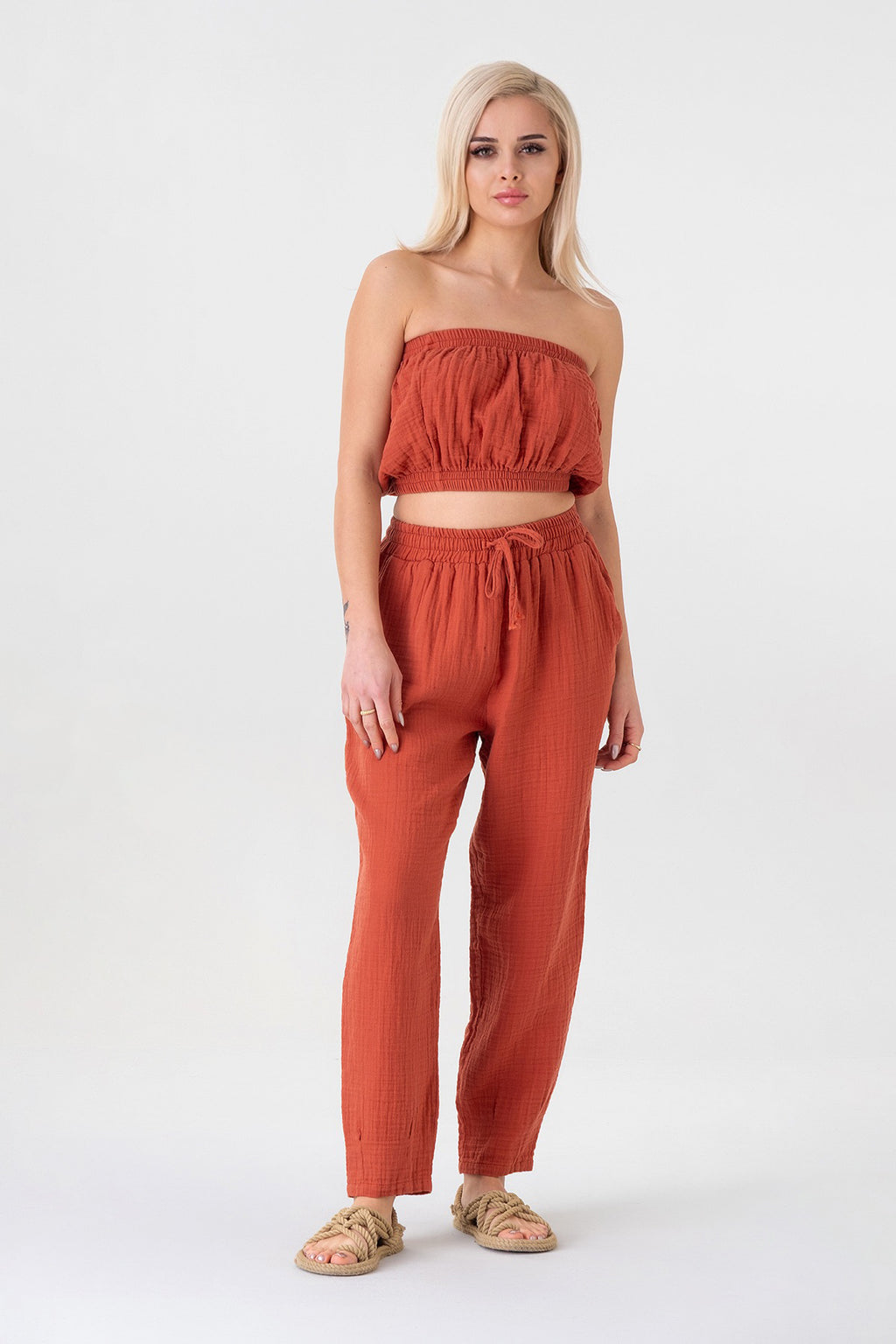 Schlupfhose Musselin Sommerhose, 100 % Baumwolle, elastischer Bund, Knöchellänge terrakotta
