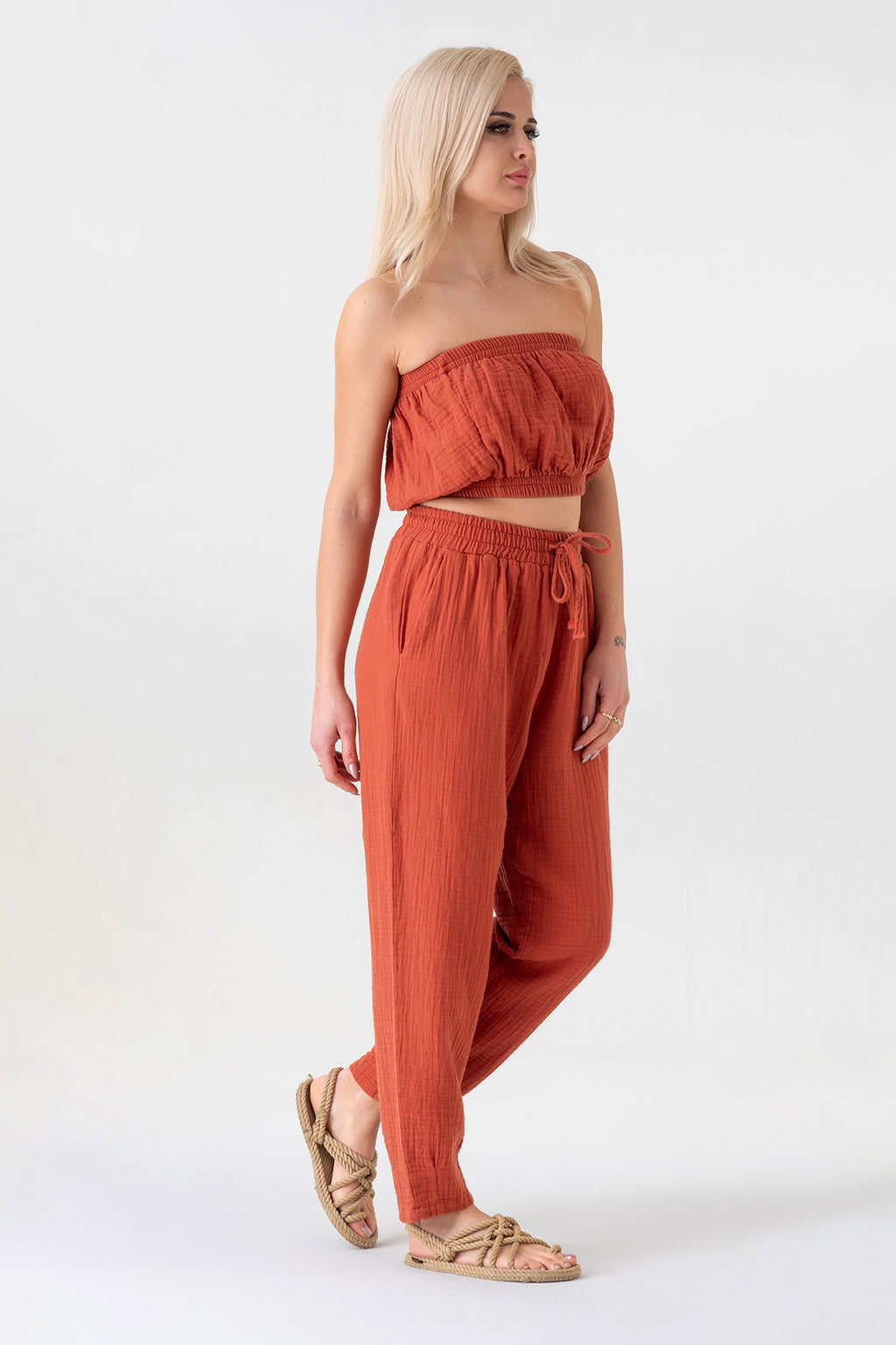 Schlupfhose Musselin Sommerhose, 100 % Baumwolle, elastischer Bund, Knöchellänge terrakotta