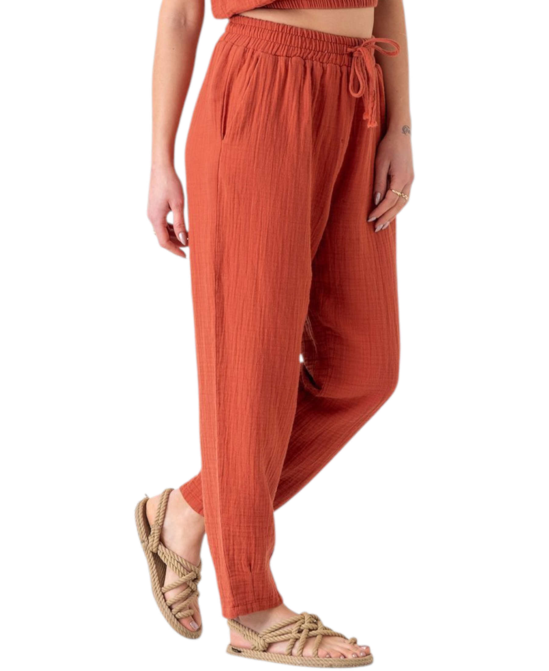Schlupfhose Musselin Sommerhose, 100 % Baumwolle, elastischer Bund, Knöchellänge terrakotta