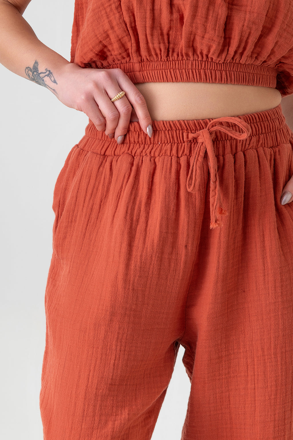Schlupfhose Musselin Sommerhose, 100 % Baumwolle, elastischer Bund, Knöchellänge terrakotta