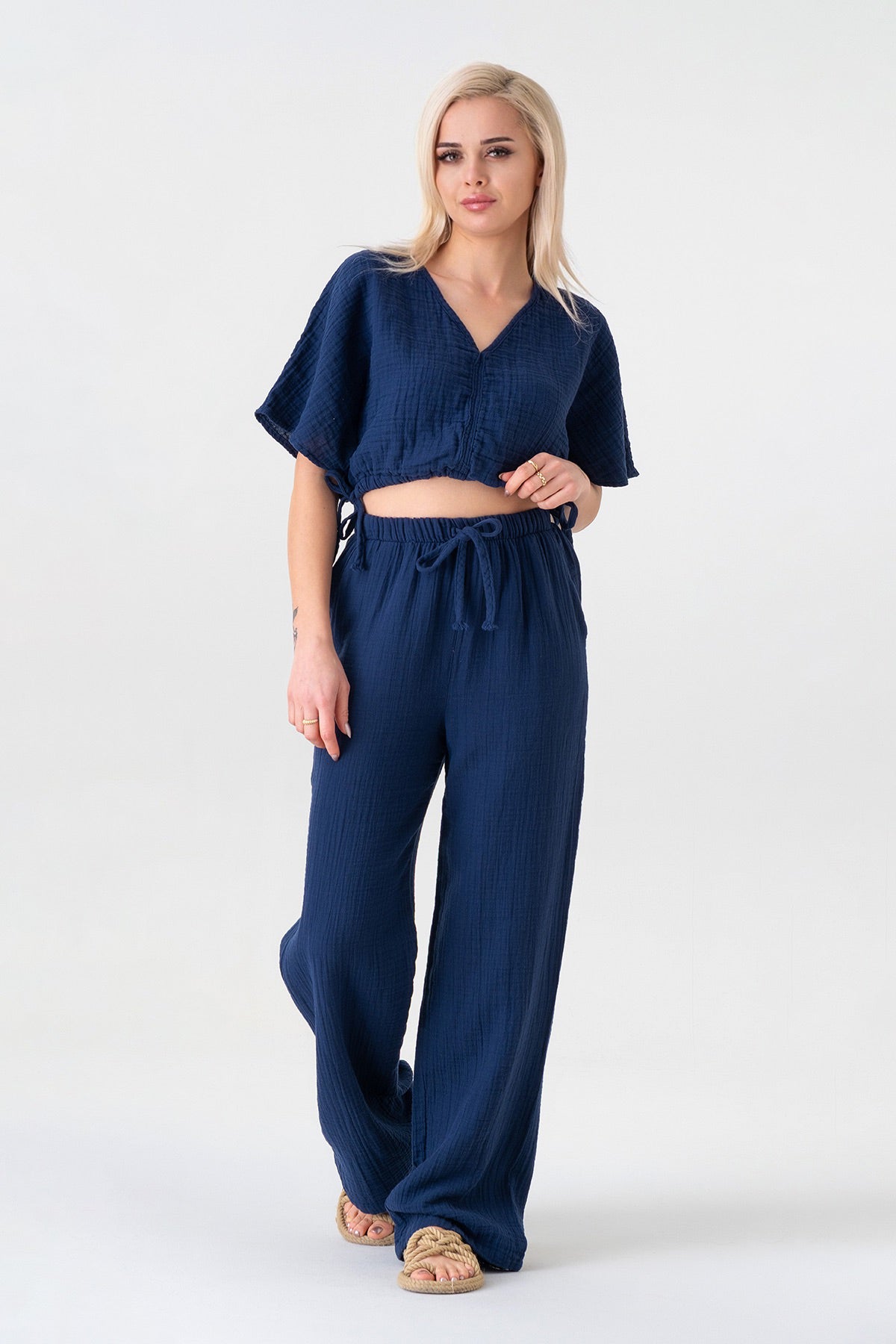 Palazzohose MusselinDamen Sommerhose 100 % Baumwolle, elastischer Bund