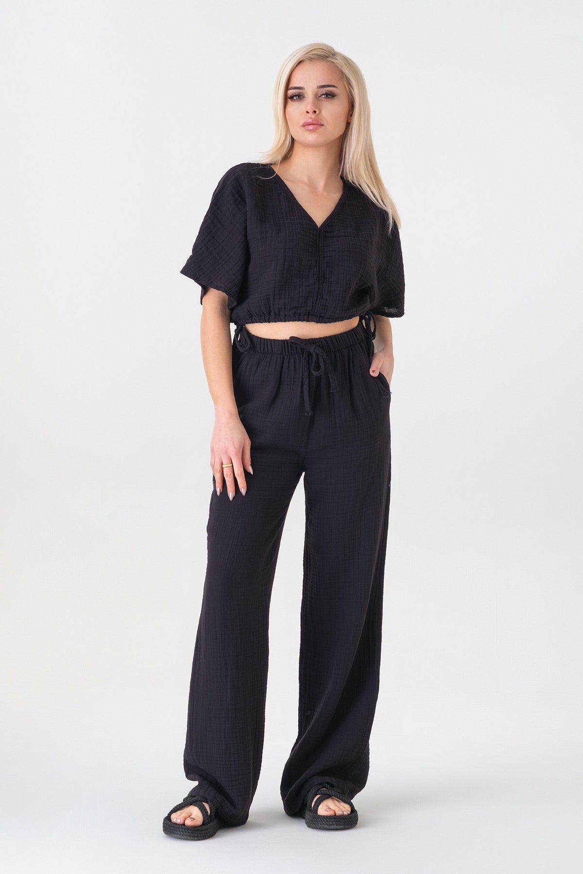 Palazzohose MusselinDamen Sommerhose 100 % Baumwolle, elastischer Bund