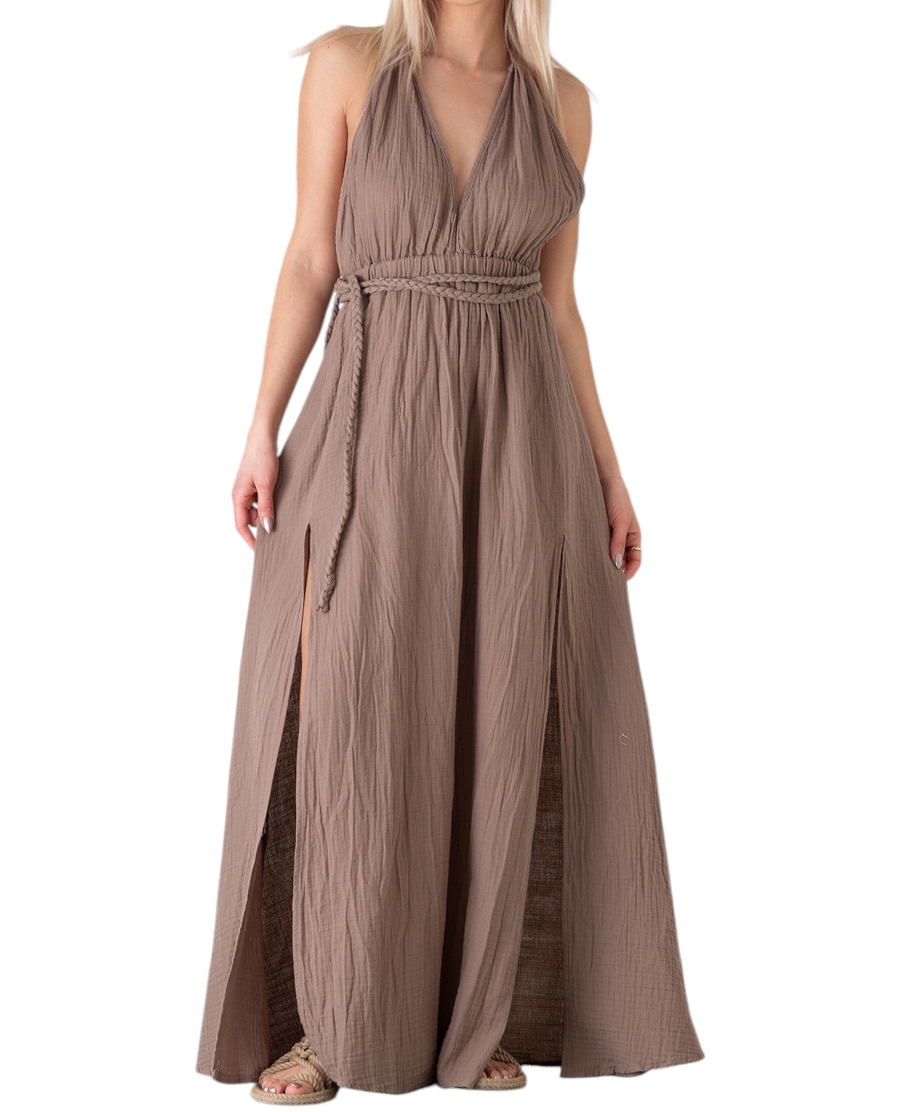 Sommerkleid 100% Baumwolle mit V-Ausschnitt, Bindegürtel & Rückenträger aus Musselin