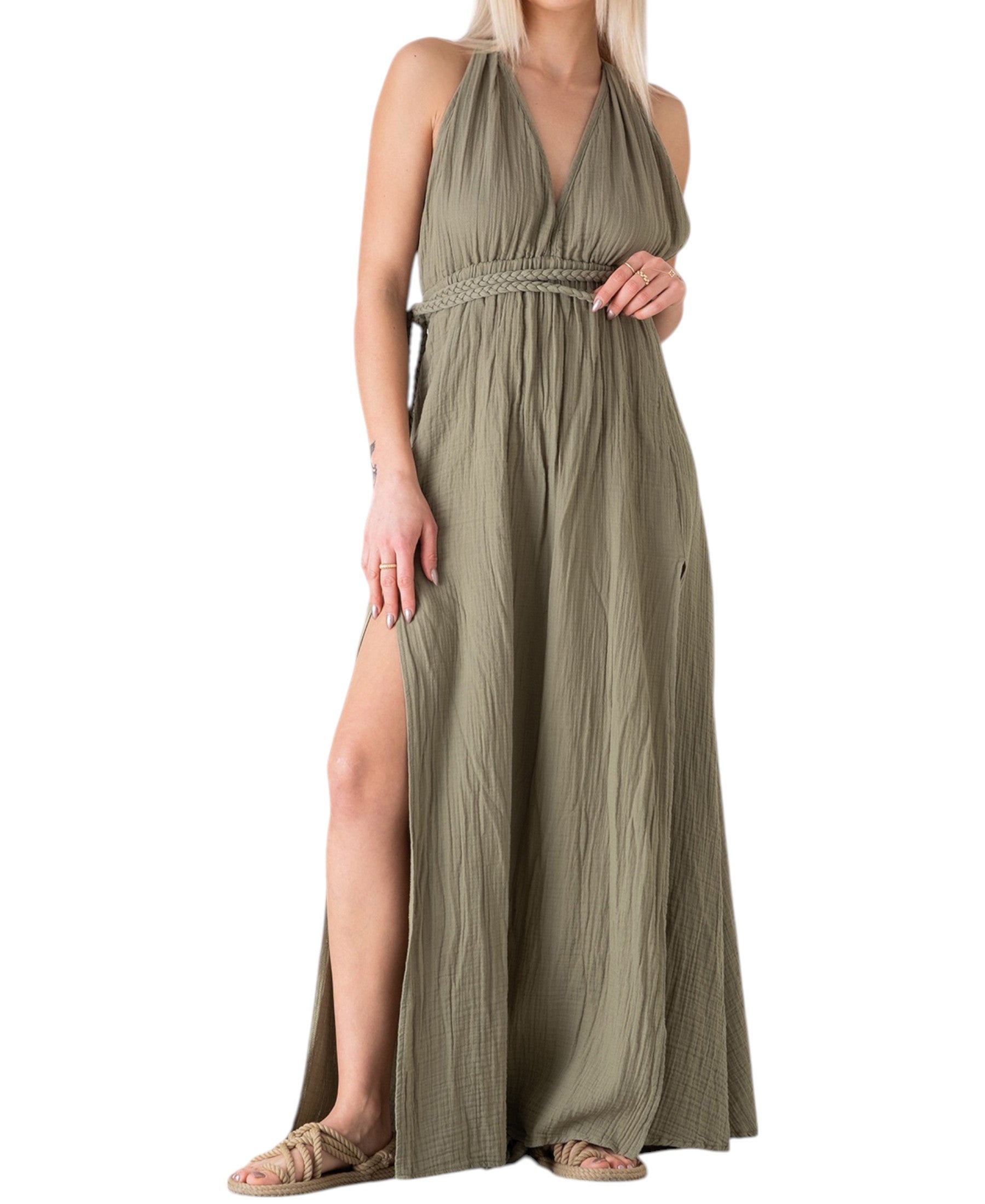 Sommerkleid 100% Baumwolle mit V-Ausschnitt, Bindegürtel & Rückenträger aus Musselin