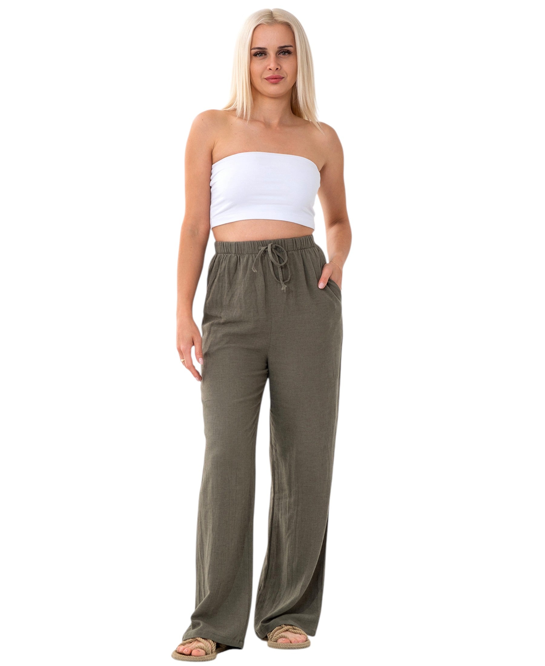 Leinenhose Damen mit Kordelzug, Stoffhose aus hochwertigem Leinenmix