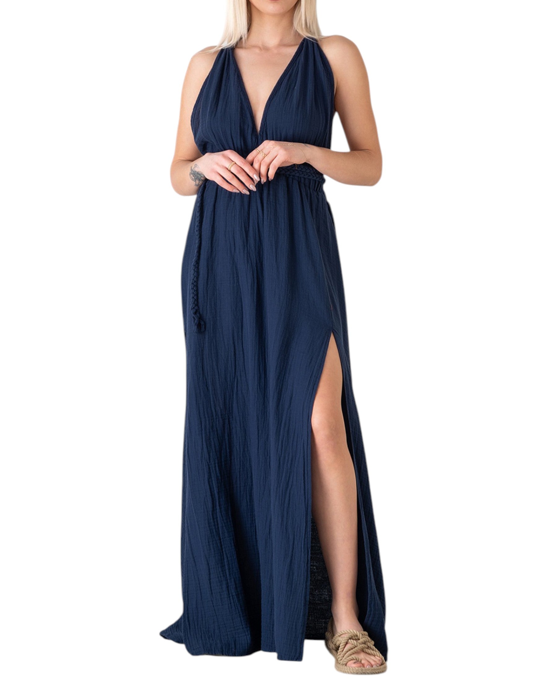 Sommerkleid 100% Baumwolle mit V-Ausschnitt, Bindegürtel & Rückenträger aus Musselin